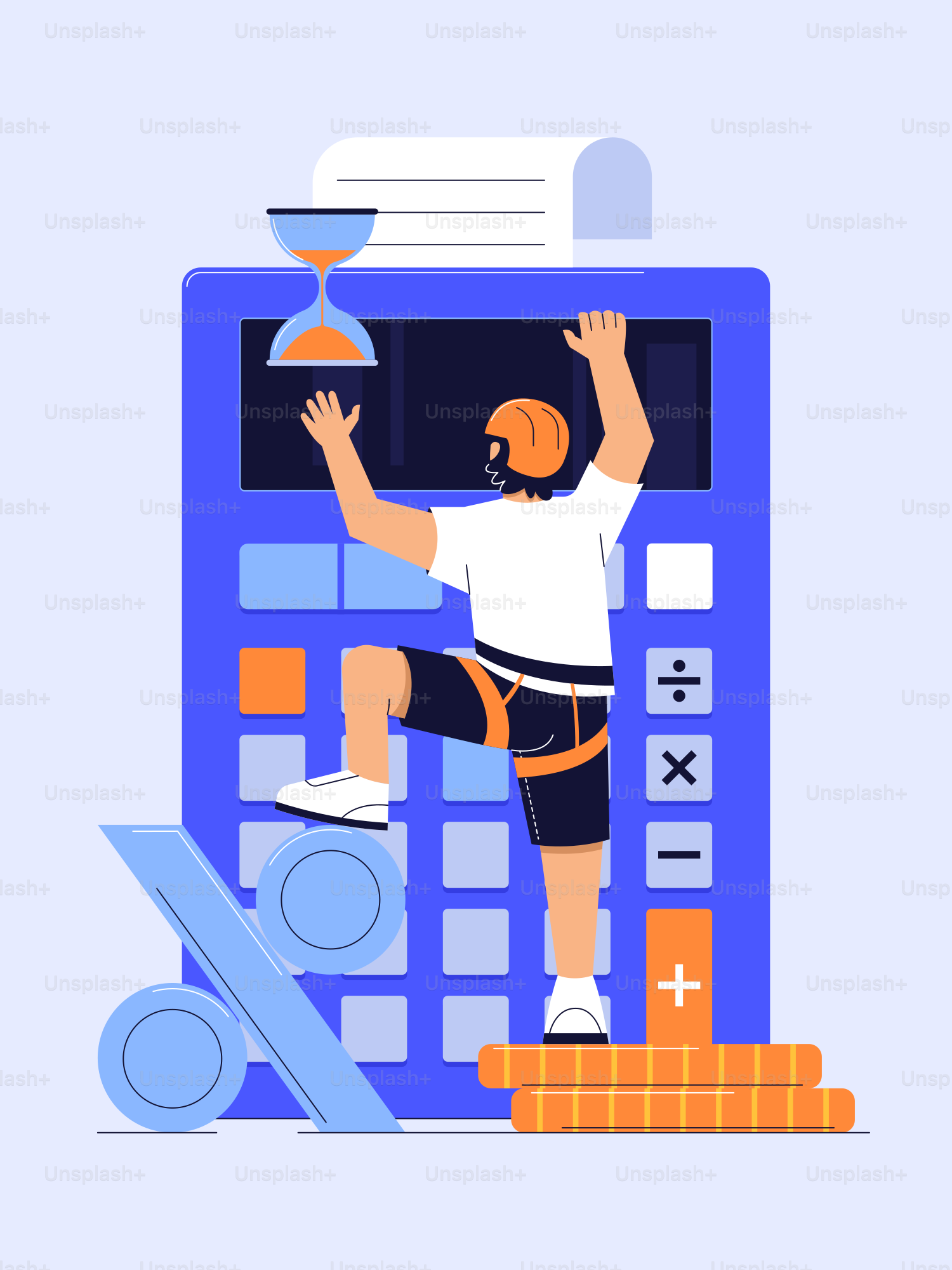 Man climbs calculator, symbolizing financial calculations.