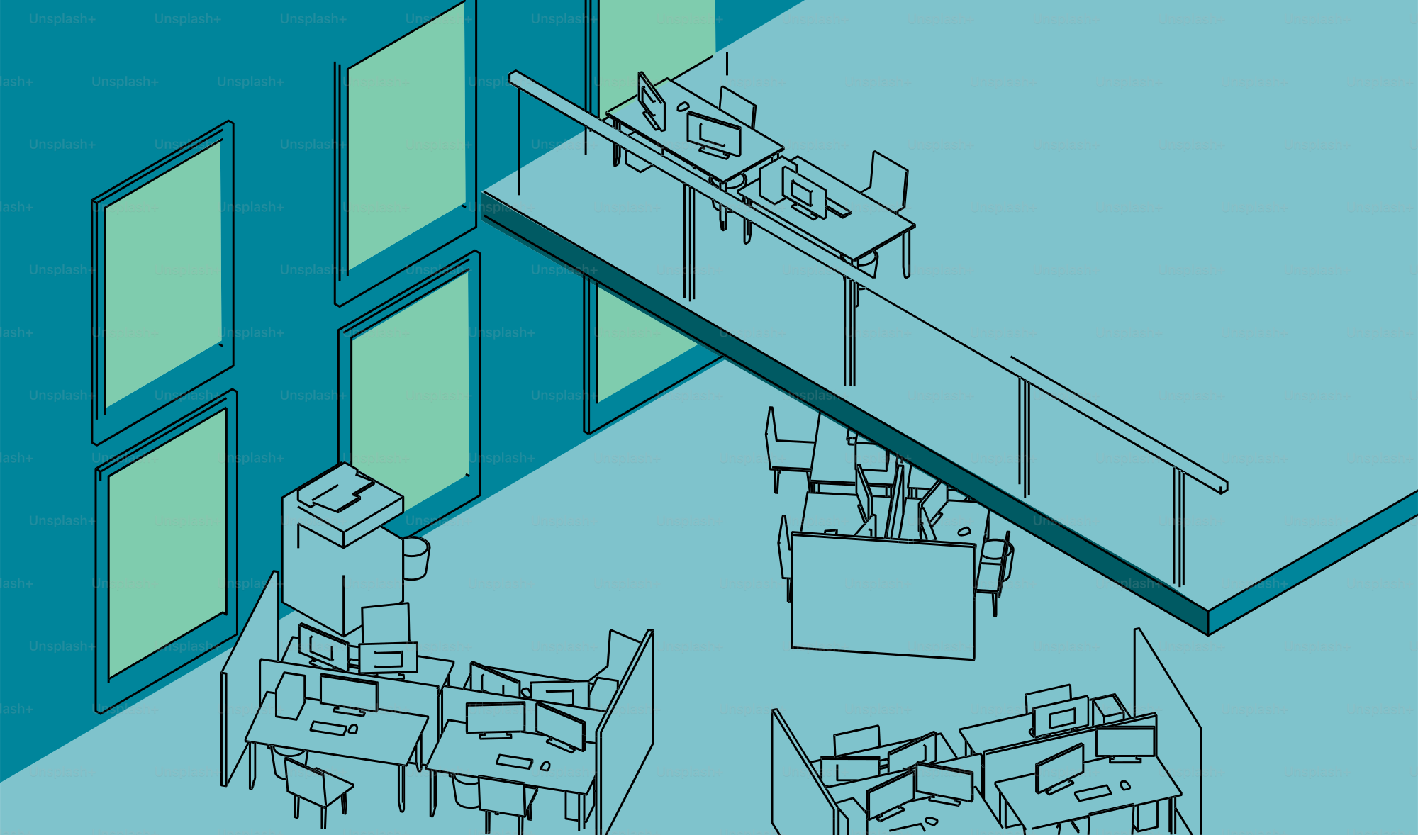 An office interior shows desks and windows.