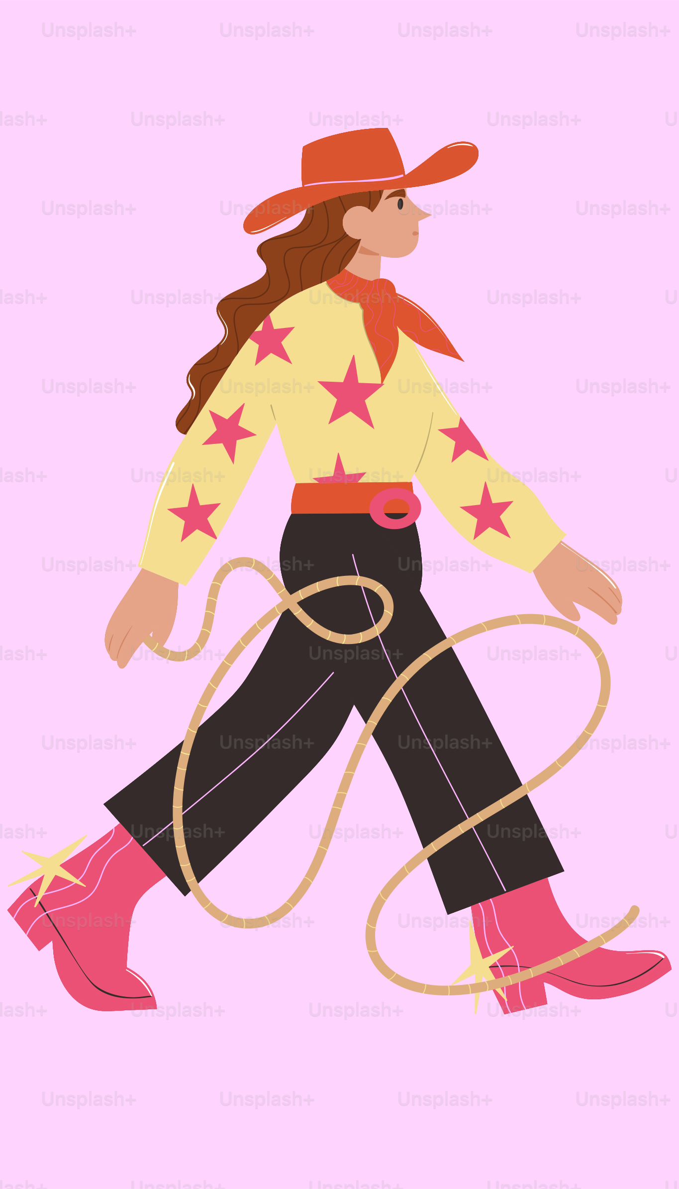 A cowgirl walks with a rope.