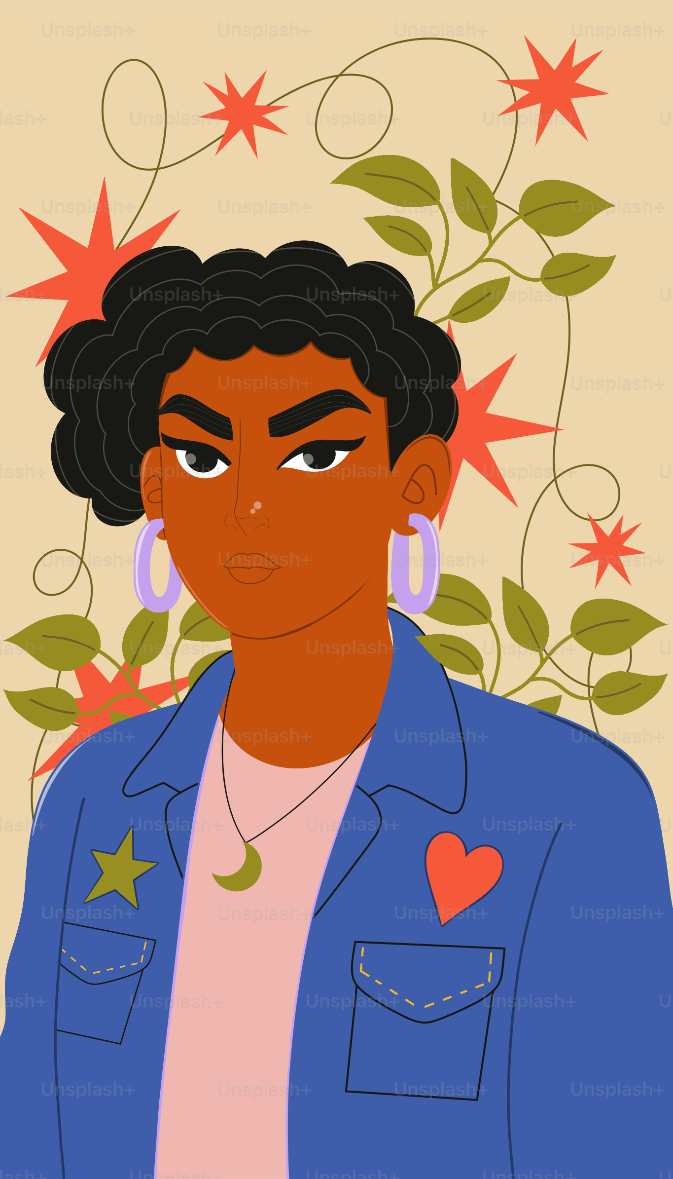 Illustration of a woman with plant and star accents.