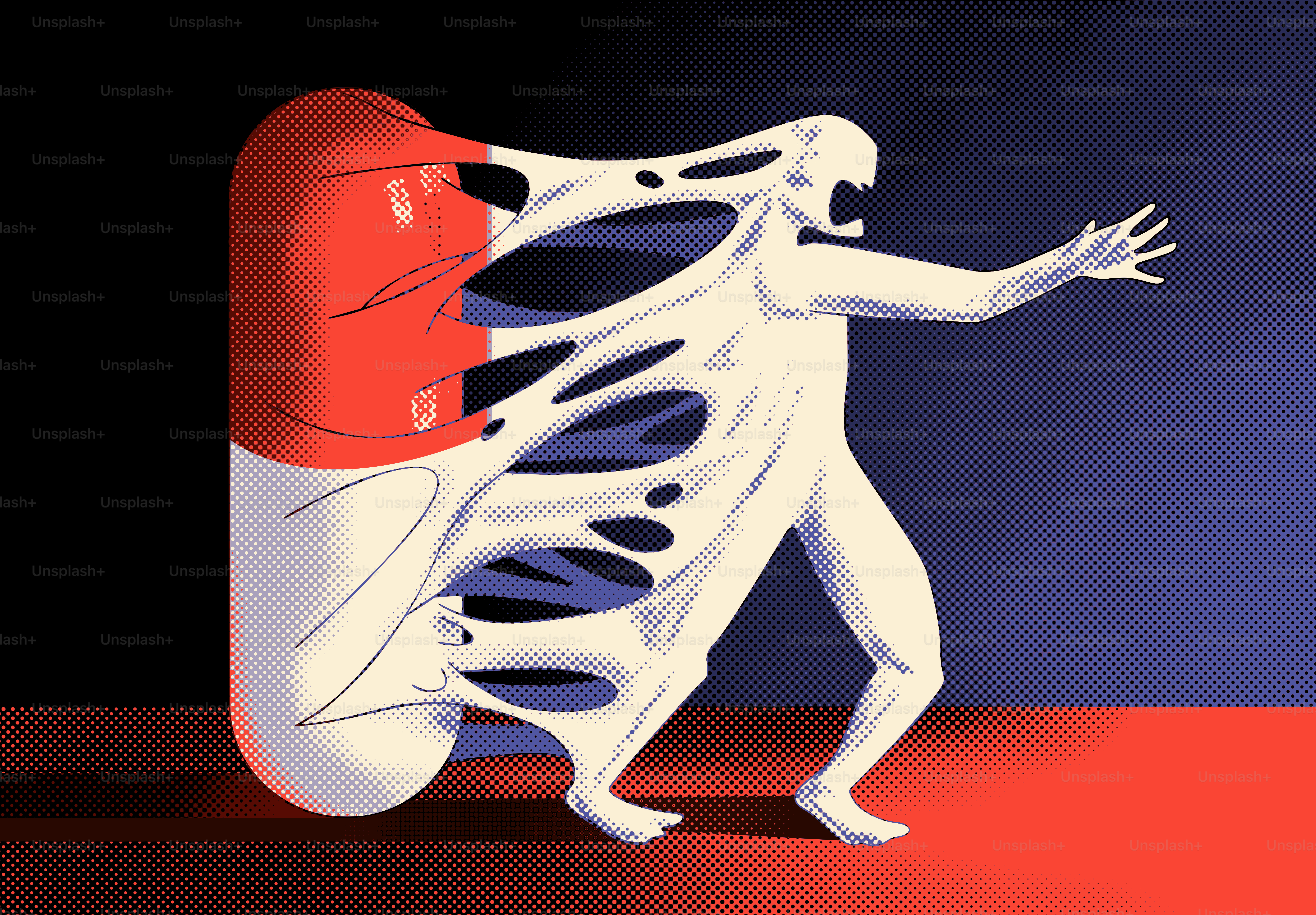 A pill transforms into a person.