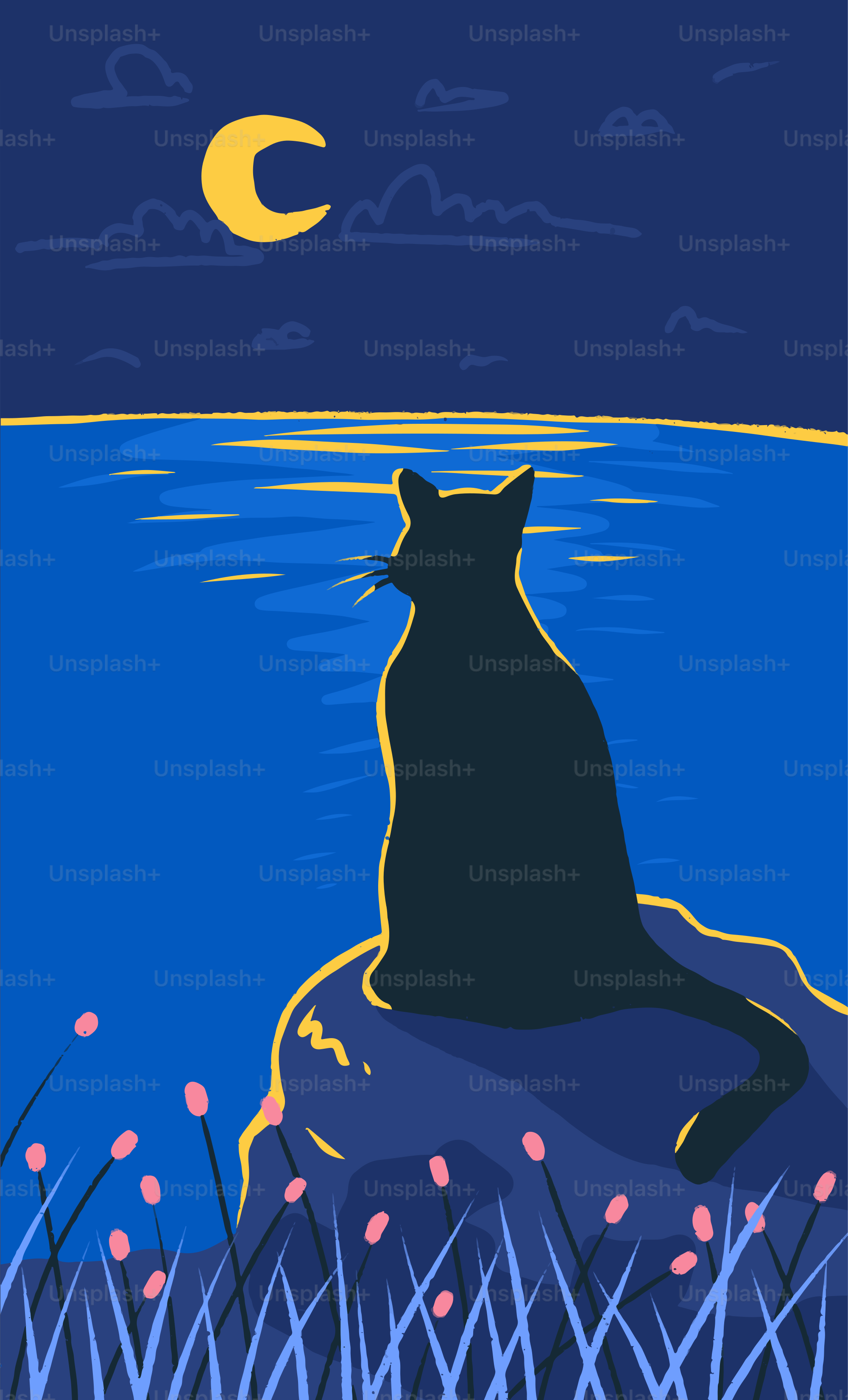 Un gato contempla la luna sobre el agua.