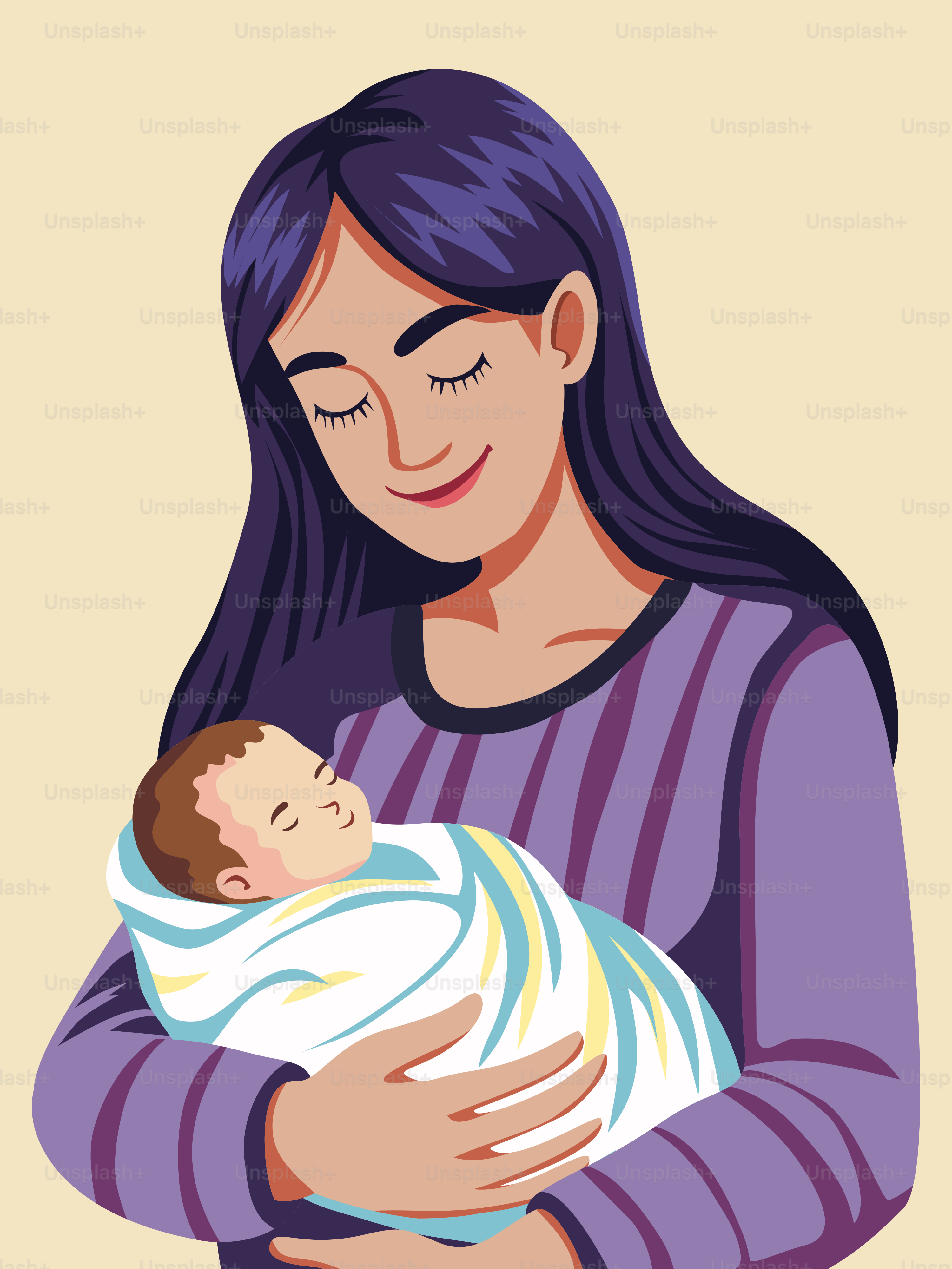 A mother lovingly holds her sleeping baby.