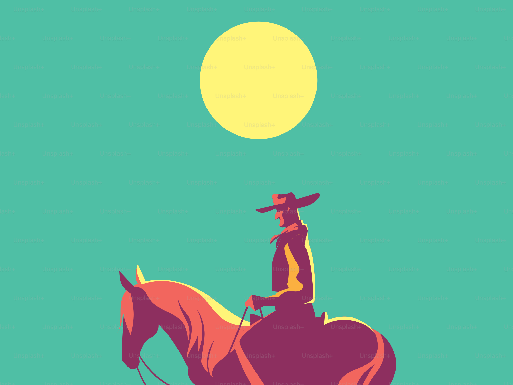A cowboy rides a horse under the big sun.