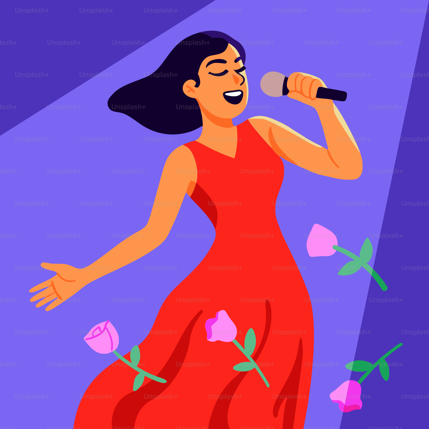 花を周りに抱きしめながら楽しそうに歌う女性。