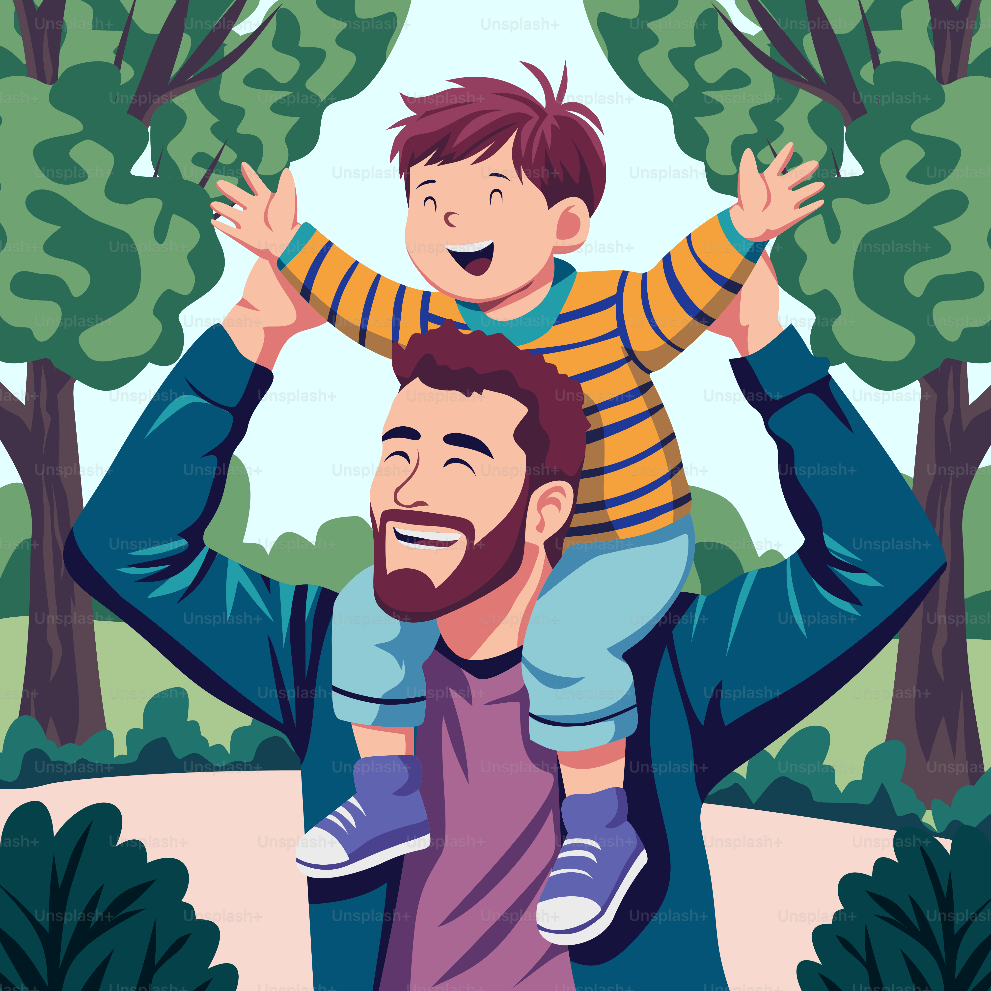 Father carries his happy son on his shoulders.