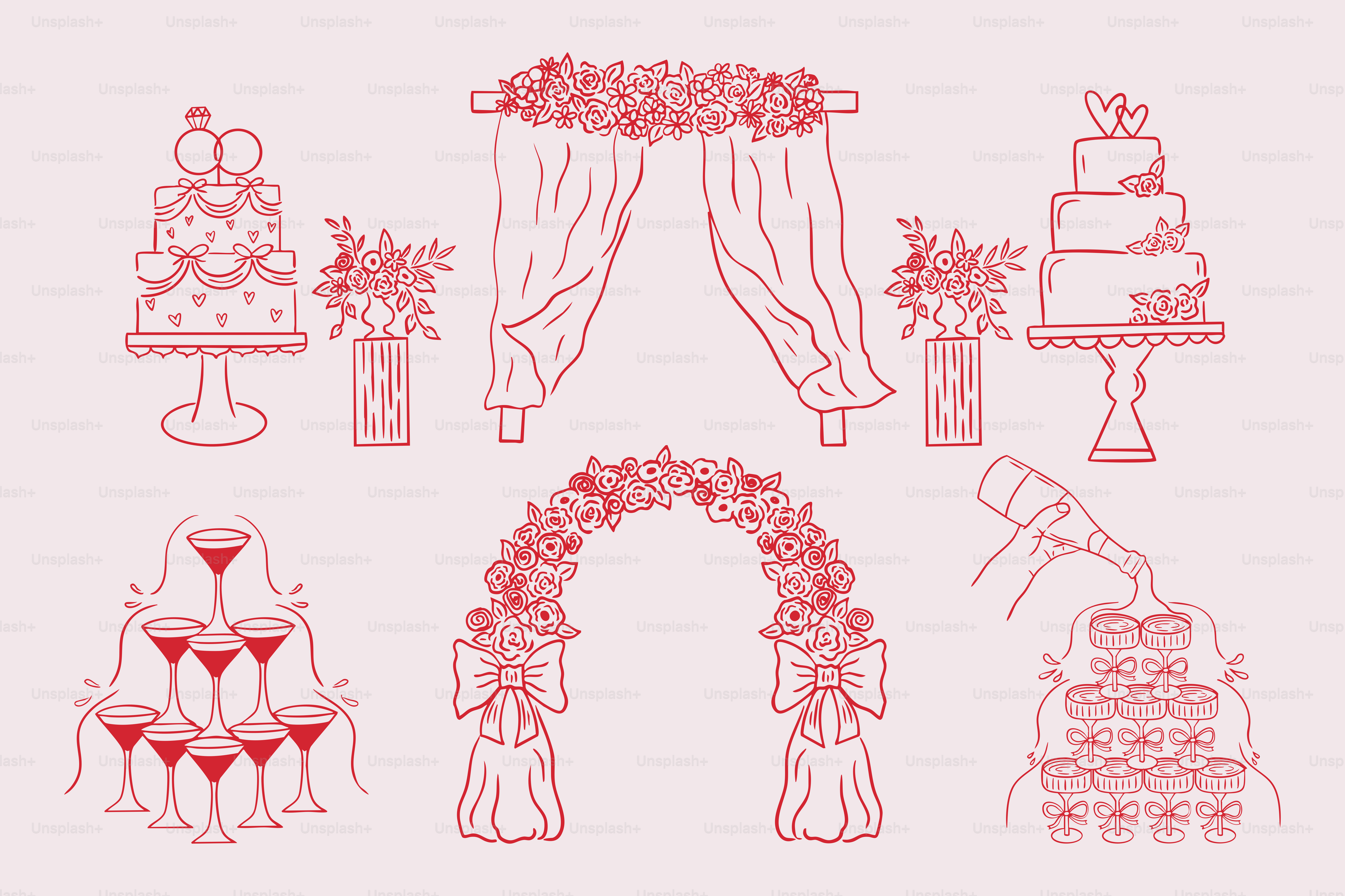 Wedding decorations and cake illustrations are shown.