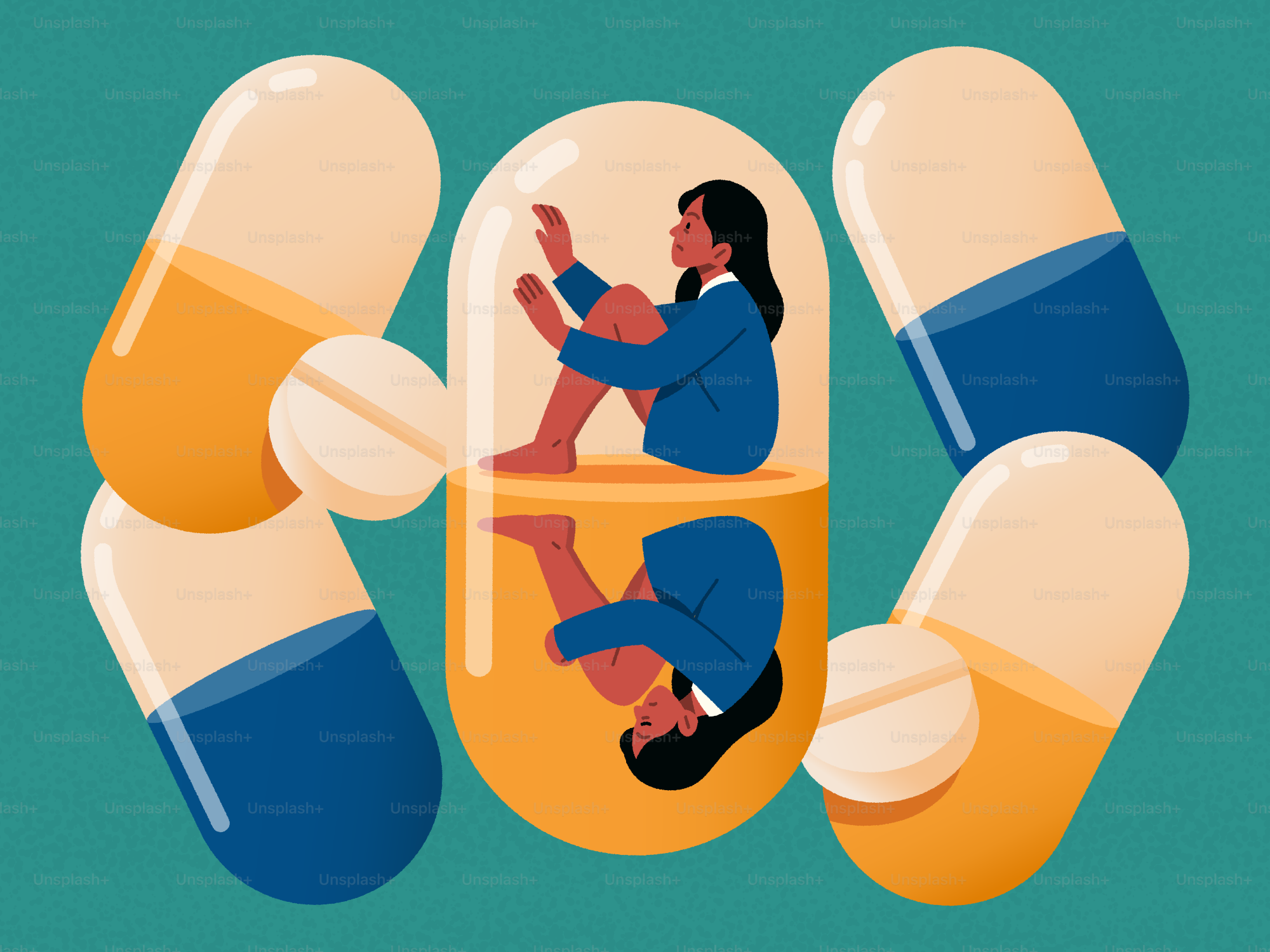 Woman inside a pill, possibly representing medication.