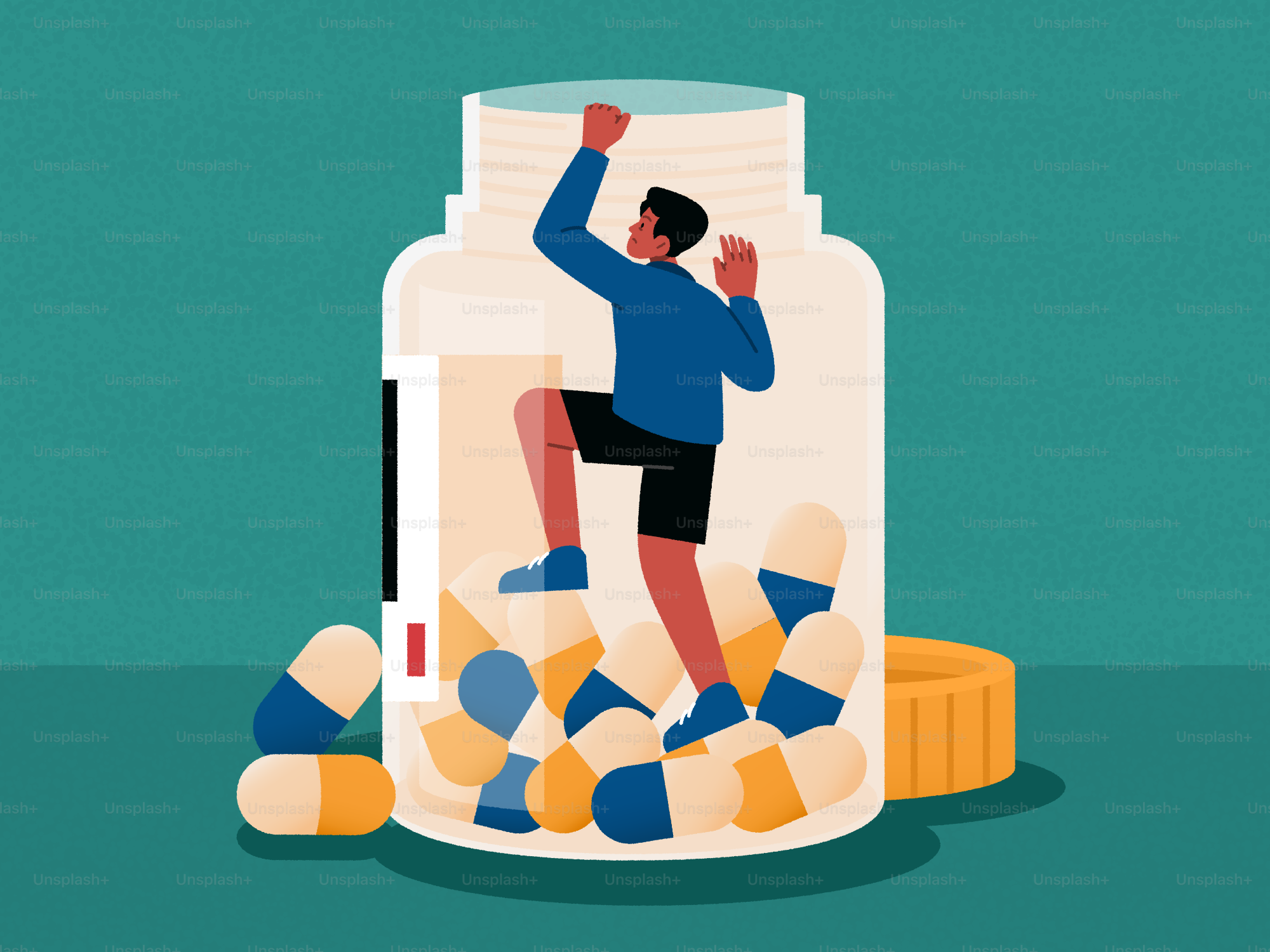 A man climbs out of a pill bottle.