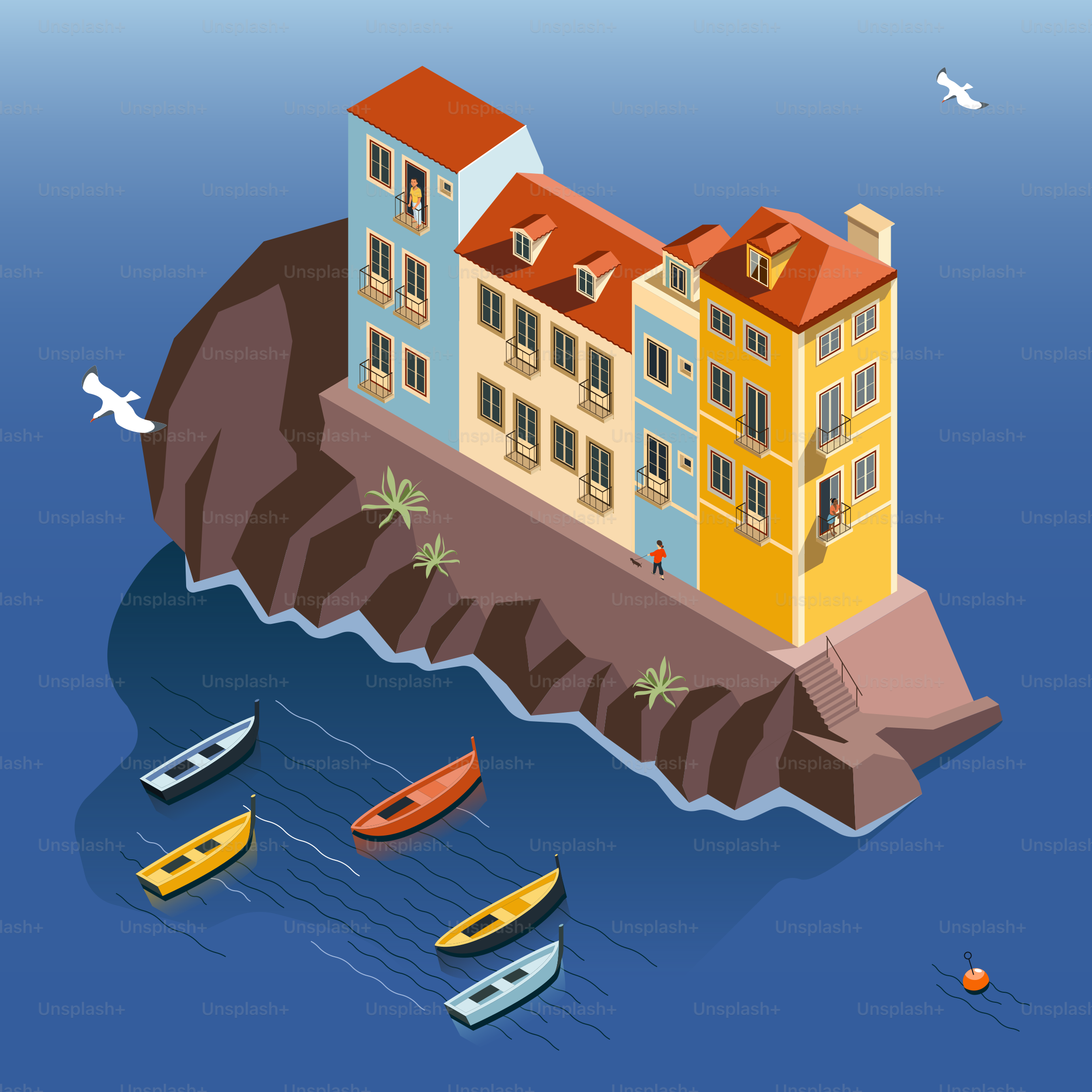 Colorful buildings sit on a rock in the sea.