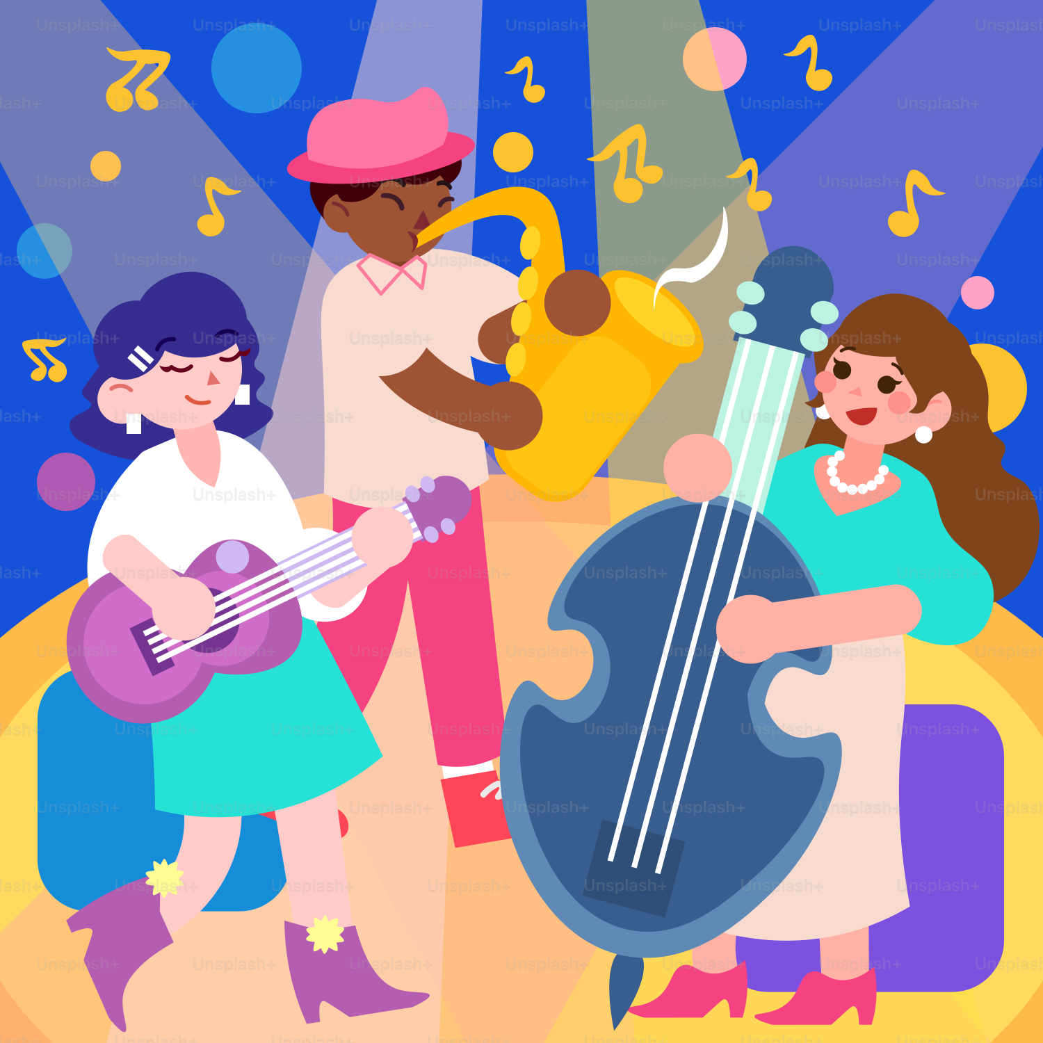 Un trío de jazz toca instrumentos musicales juntos.