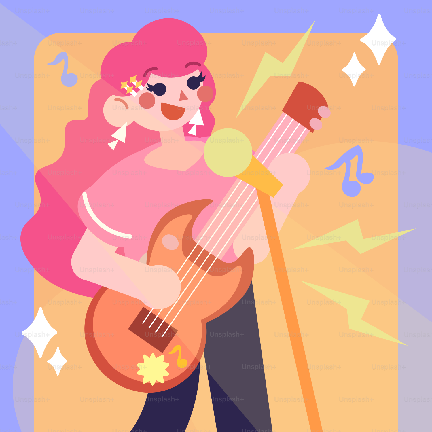 Una chica de pelo rosado toca la guitarra y canta.