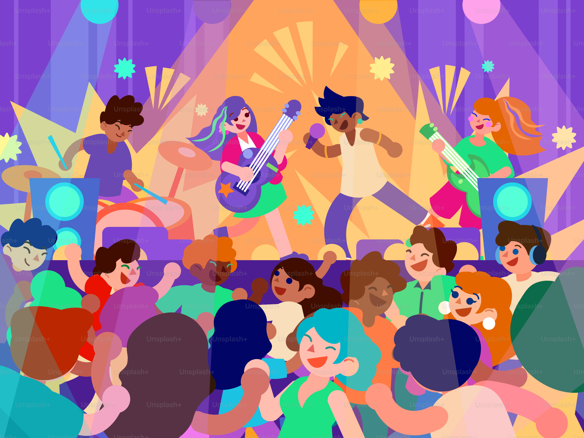 Una banda actúa ante un público en un concierto.