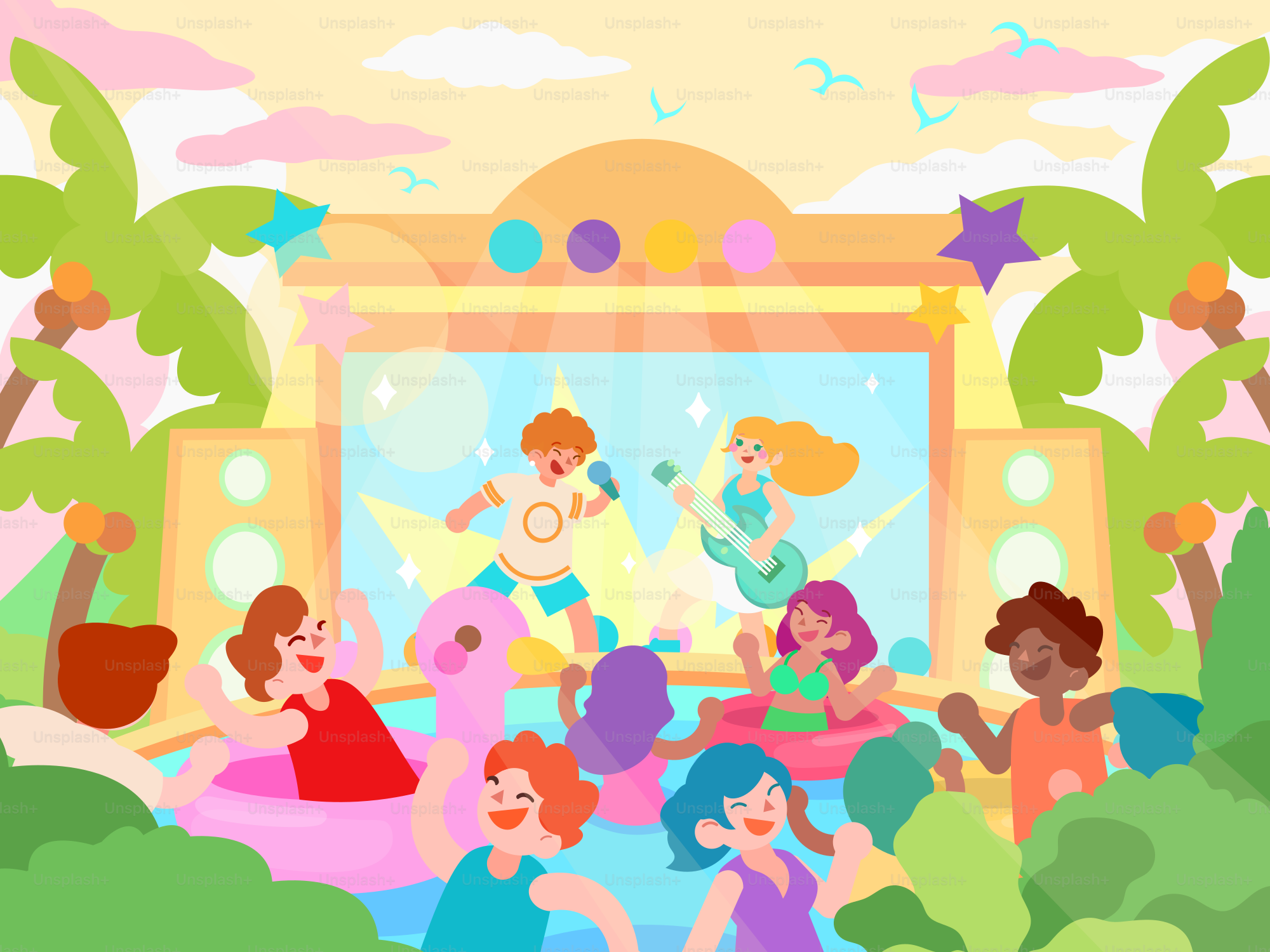 La gente disfruta de una fiesta en la piscina con una actuación en el escenario.