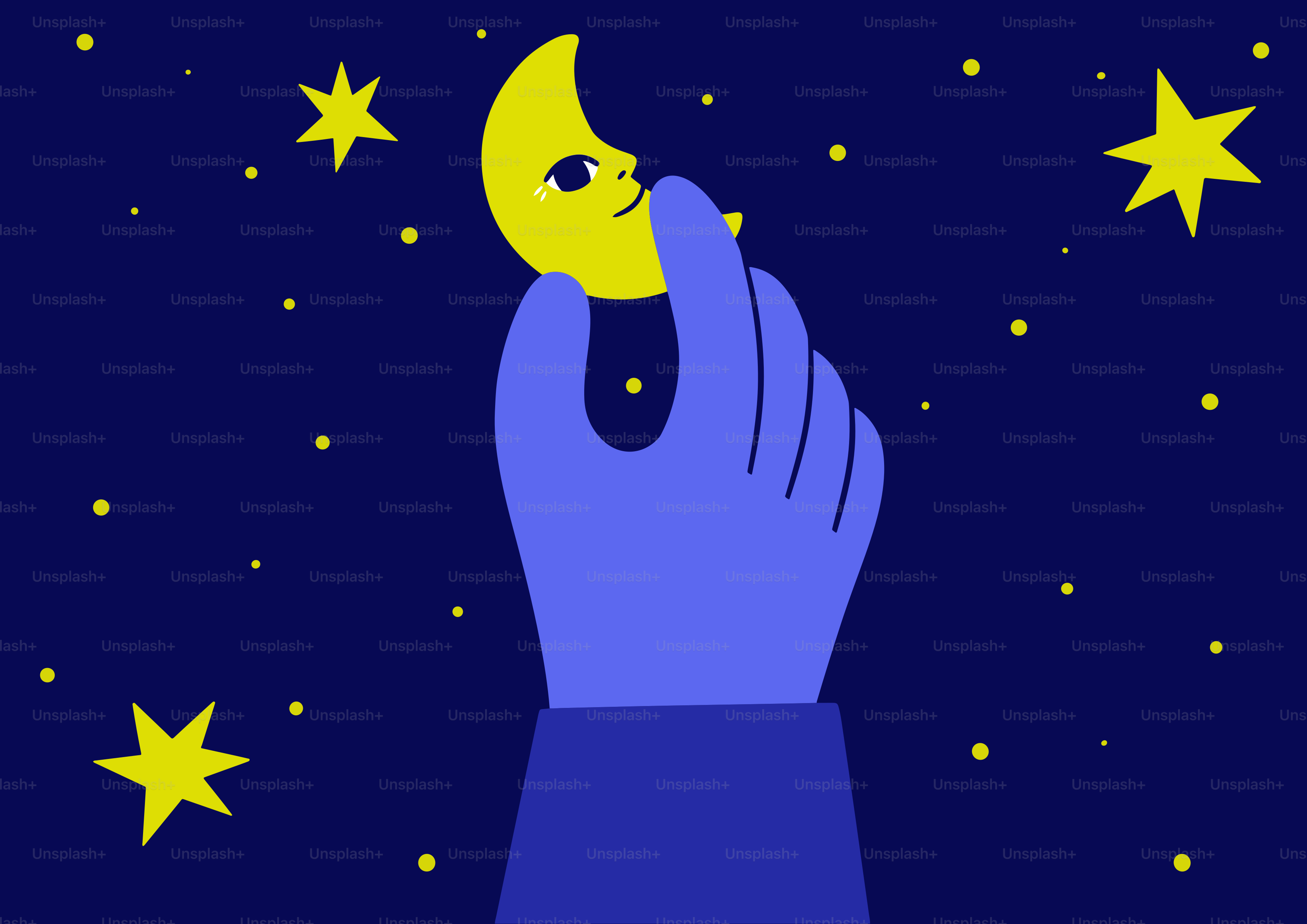 Una mano sostiene una luna creciente sonriente.