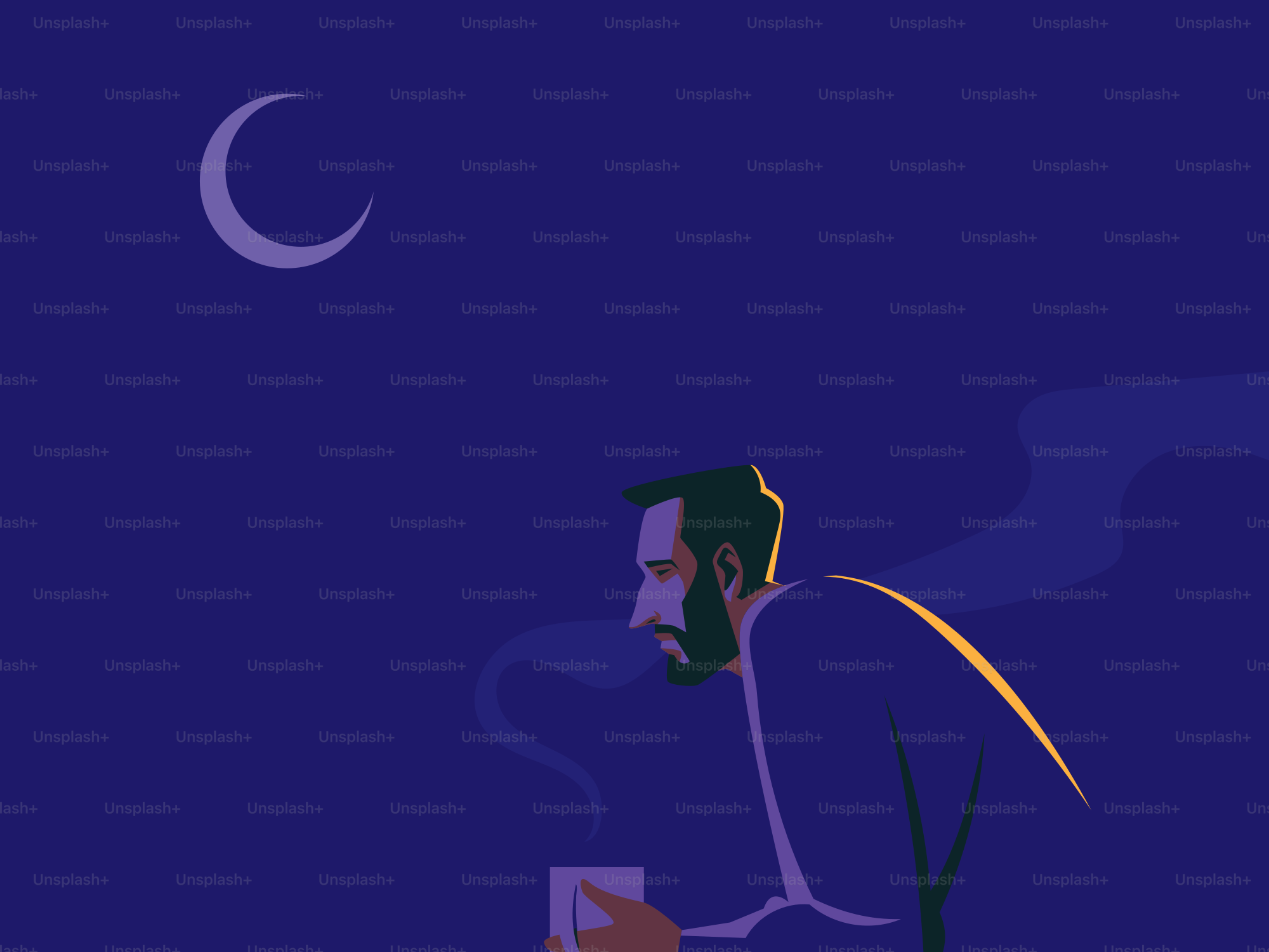 Man sips a hot drink under the moon.