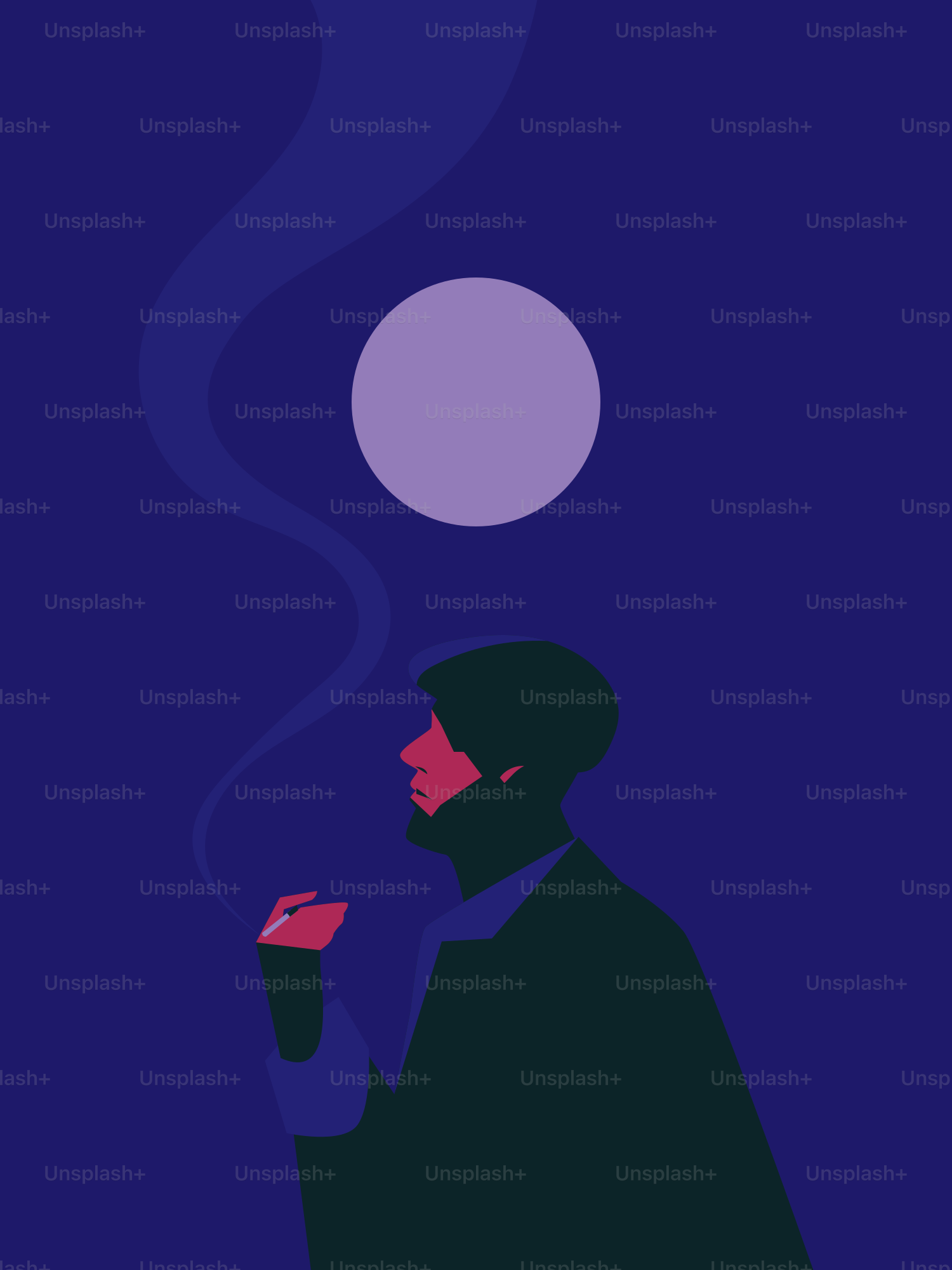 A man silhouetted smoking under the purple moon.