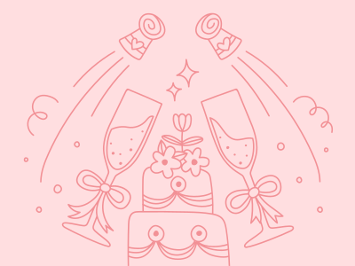 ケーキとシャンパンで結婚式の祝いを