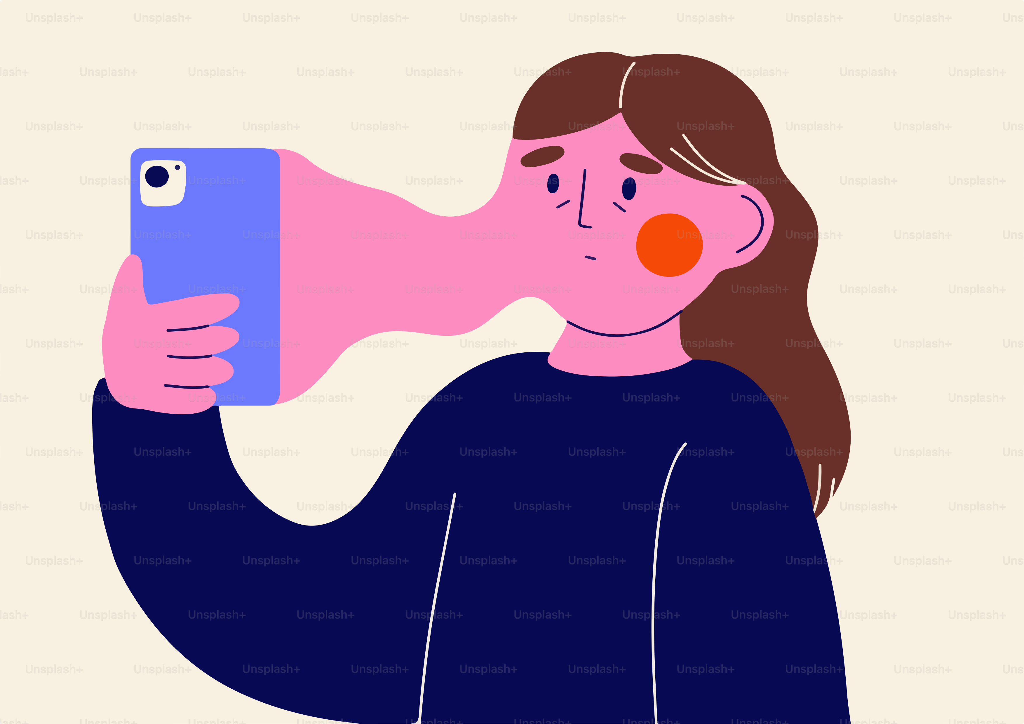 Selfie obsession visualized with an exaggerated arm.