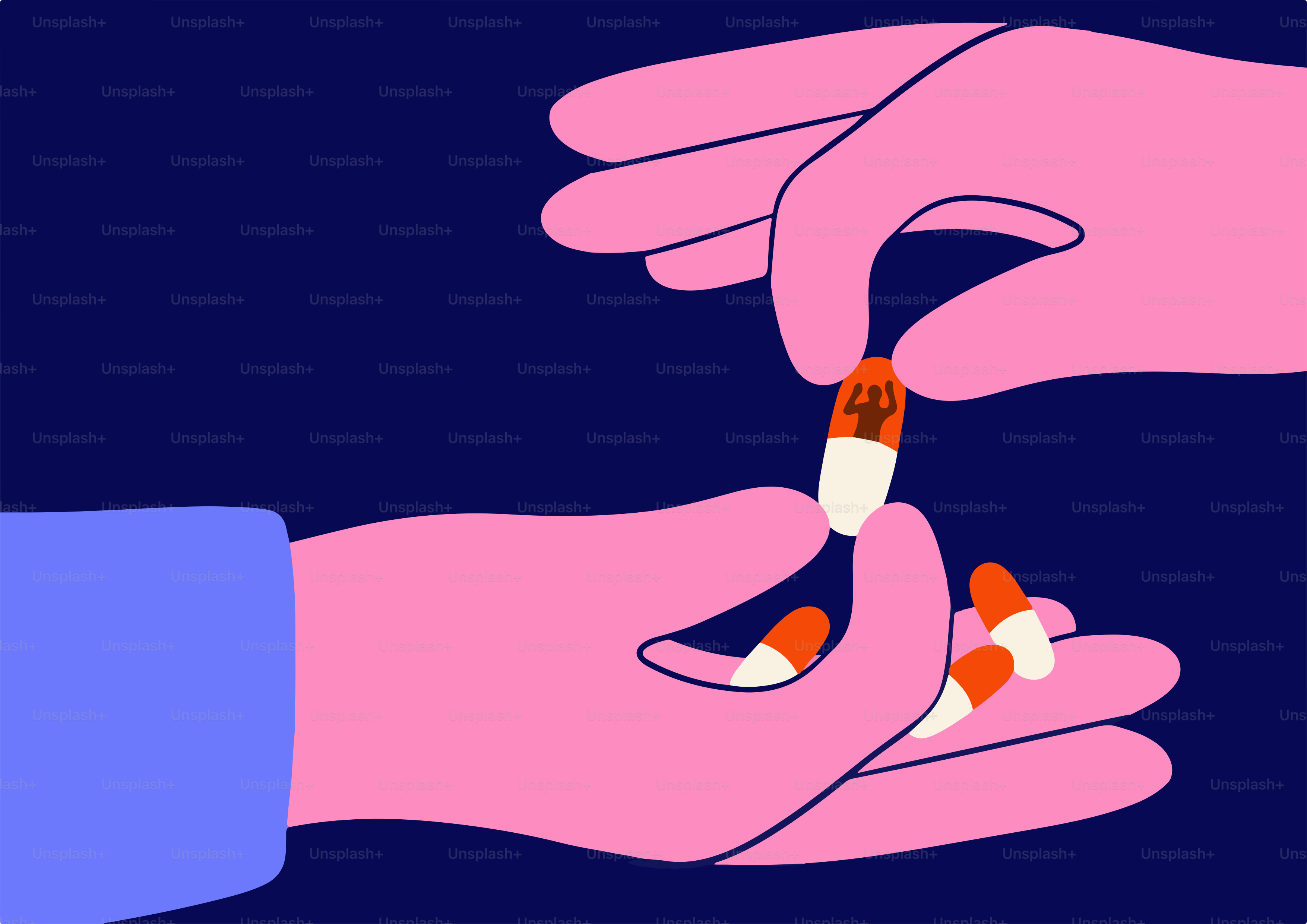 Hands are giving pills to another hand.