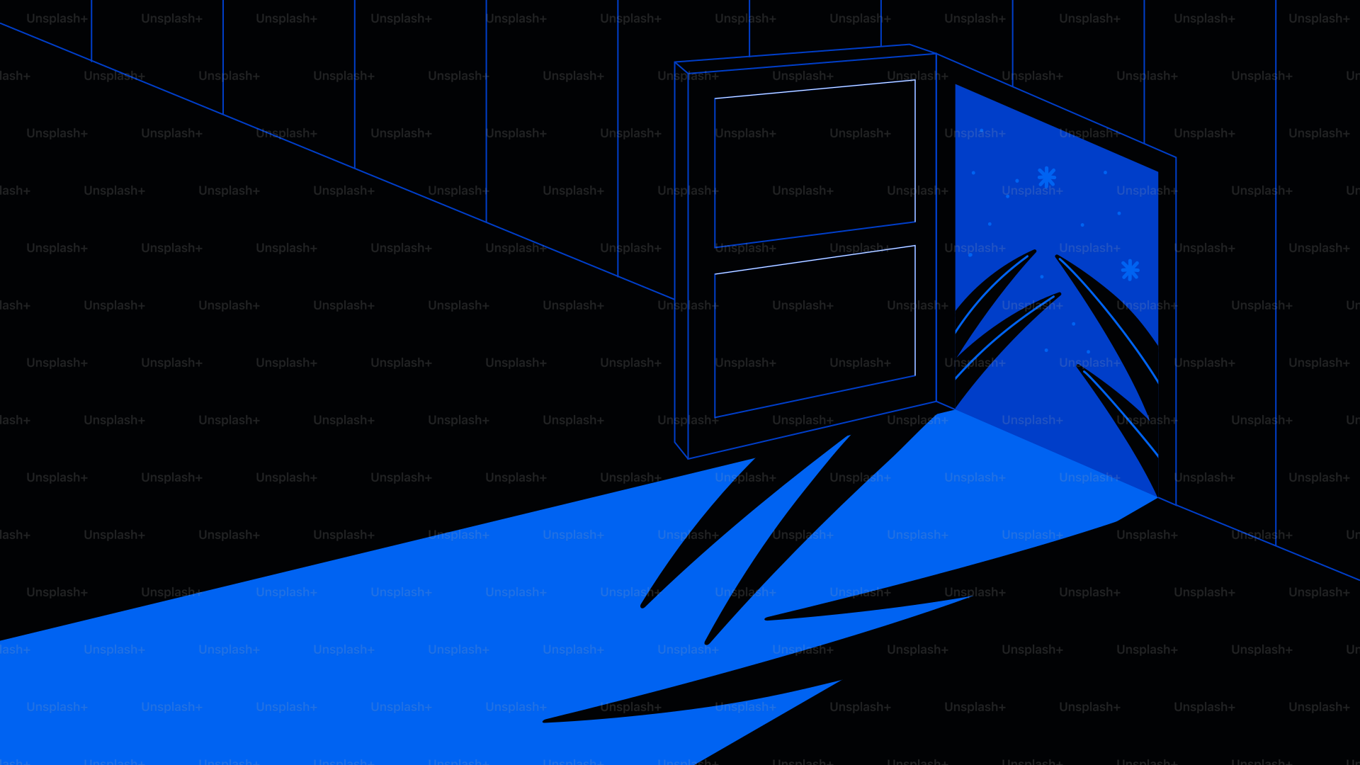 A blue light shines through an open door.