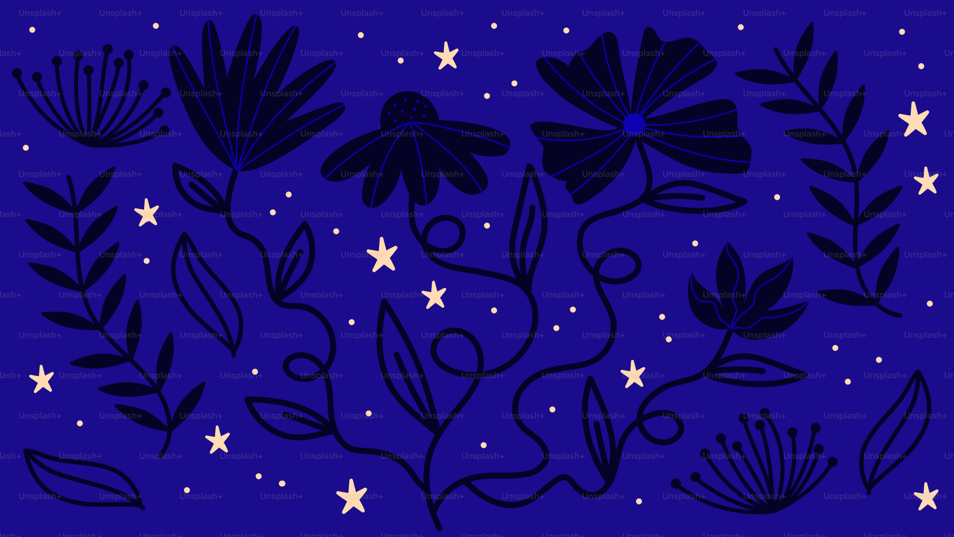 Flowers and stars adorn a dark blue background.