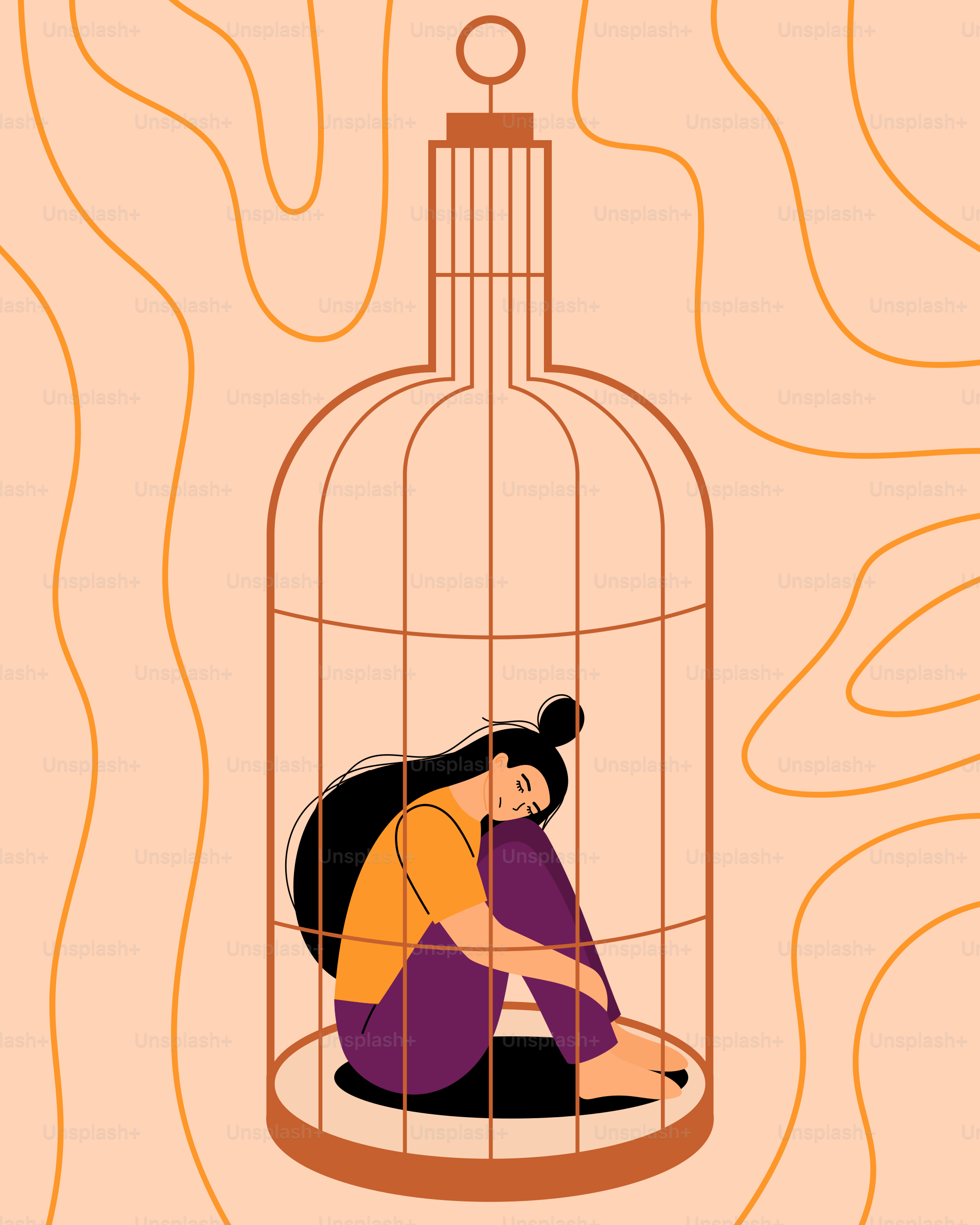 Woman trapped inside a cage symbolizing feeling trapped.