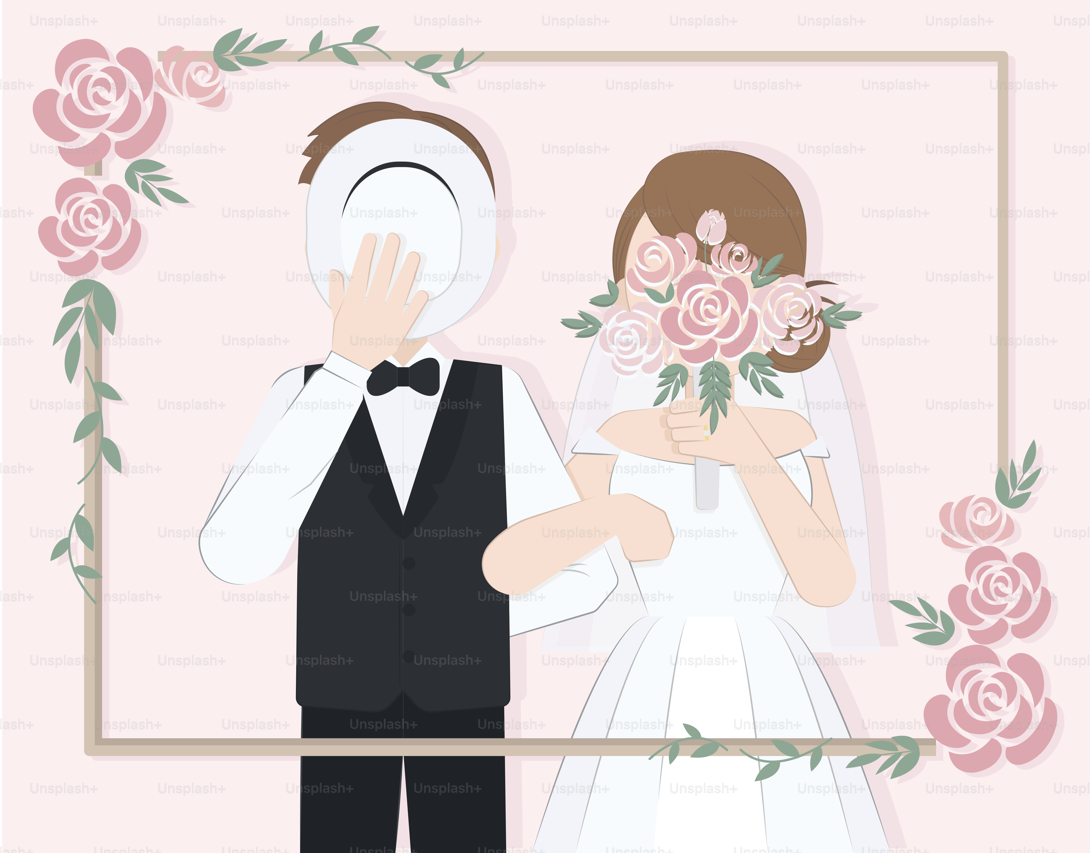 Wedding couple inside a floral frame.