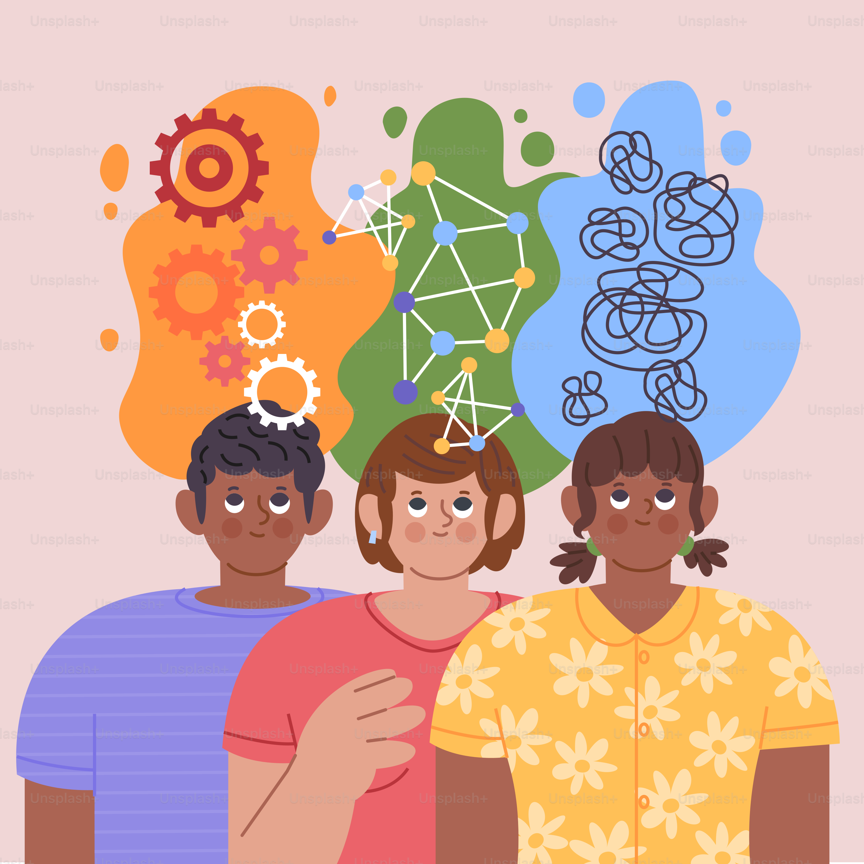 Personas con diferentes pensamientos y procesos visualizados.