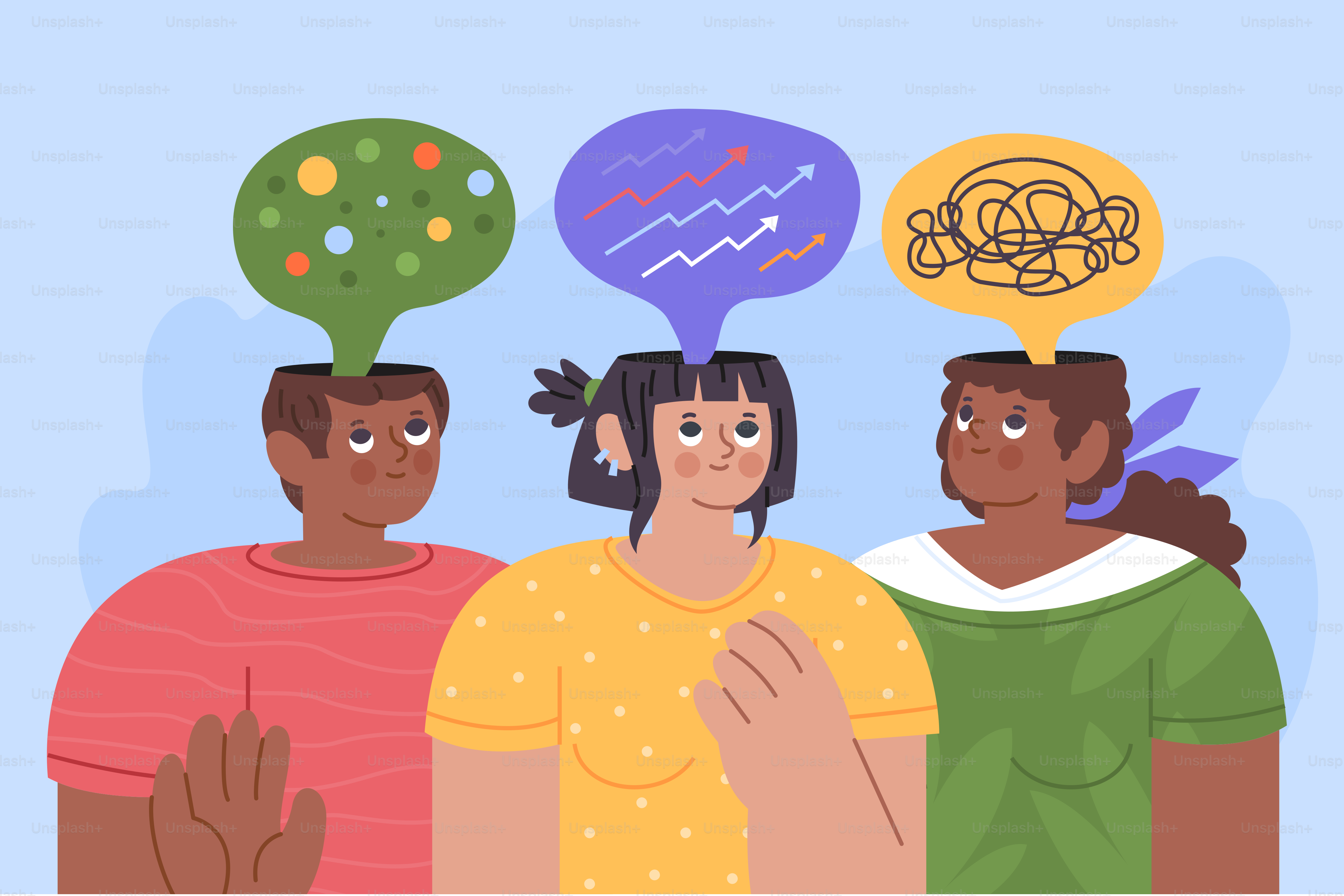 Los pensamientos de las personas se visualizan con burbujas de pensamiento.