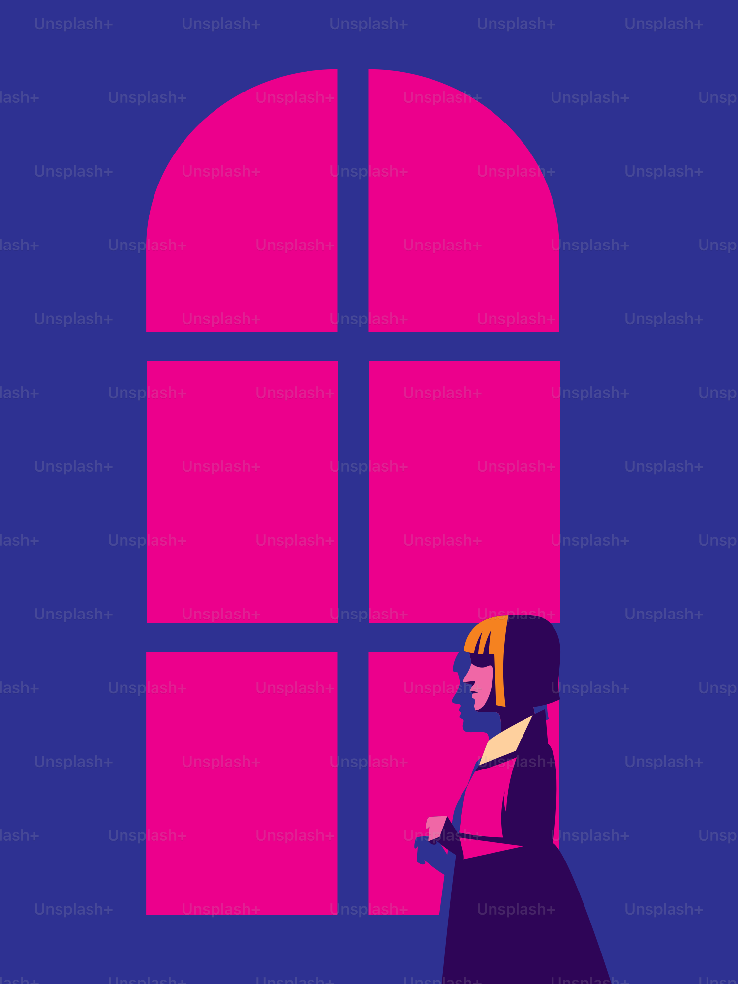 A person stands by a pink window.
