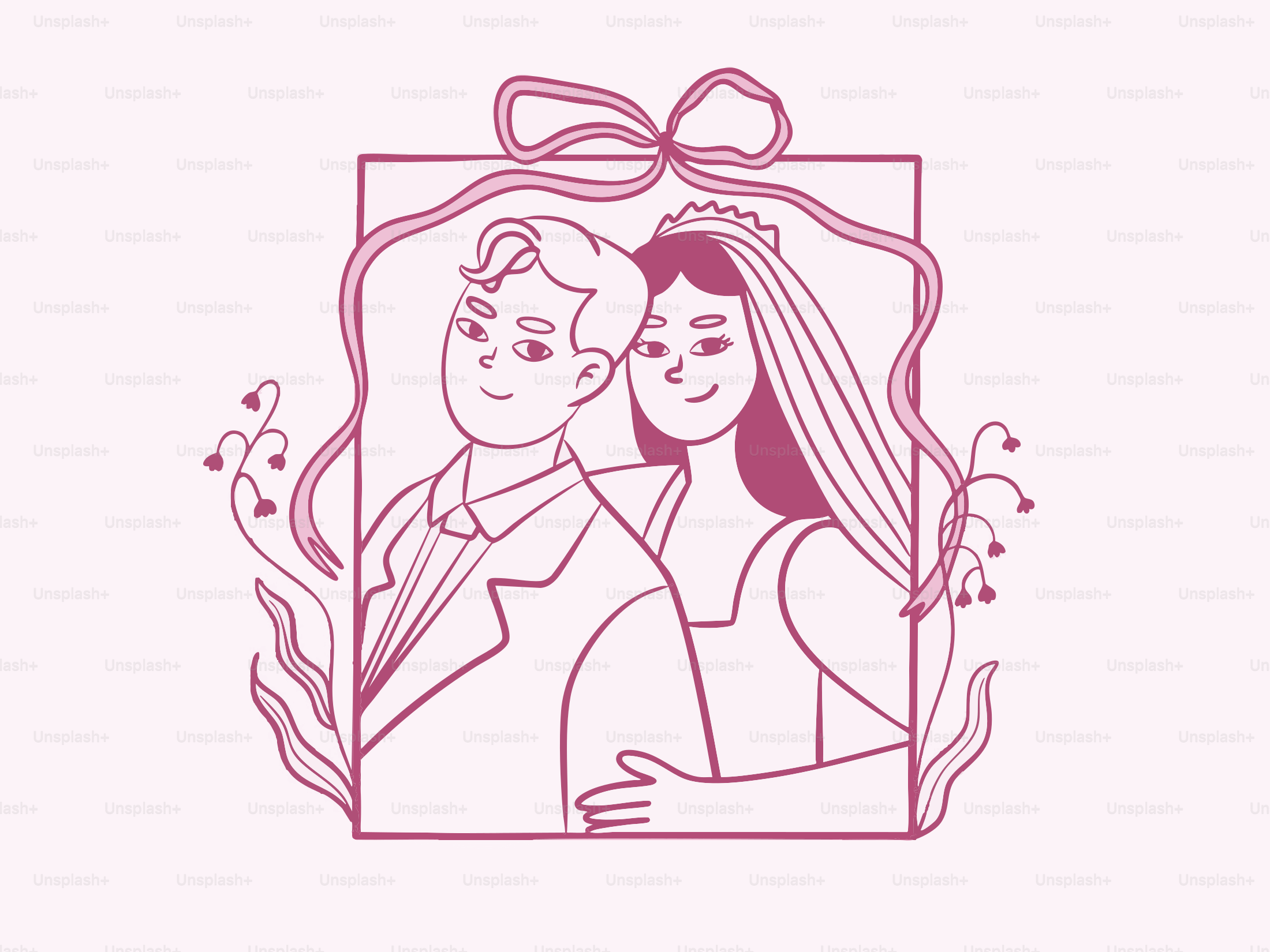 Um casal recém-casado posa em um quadro