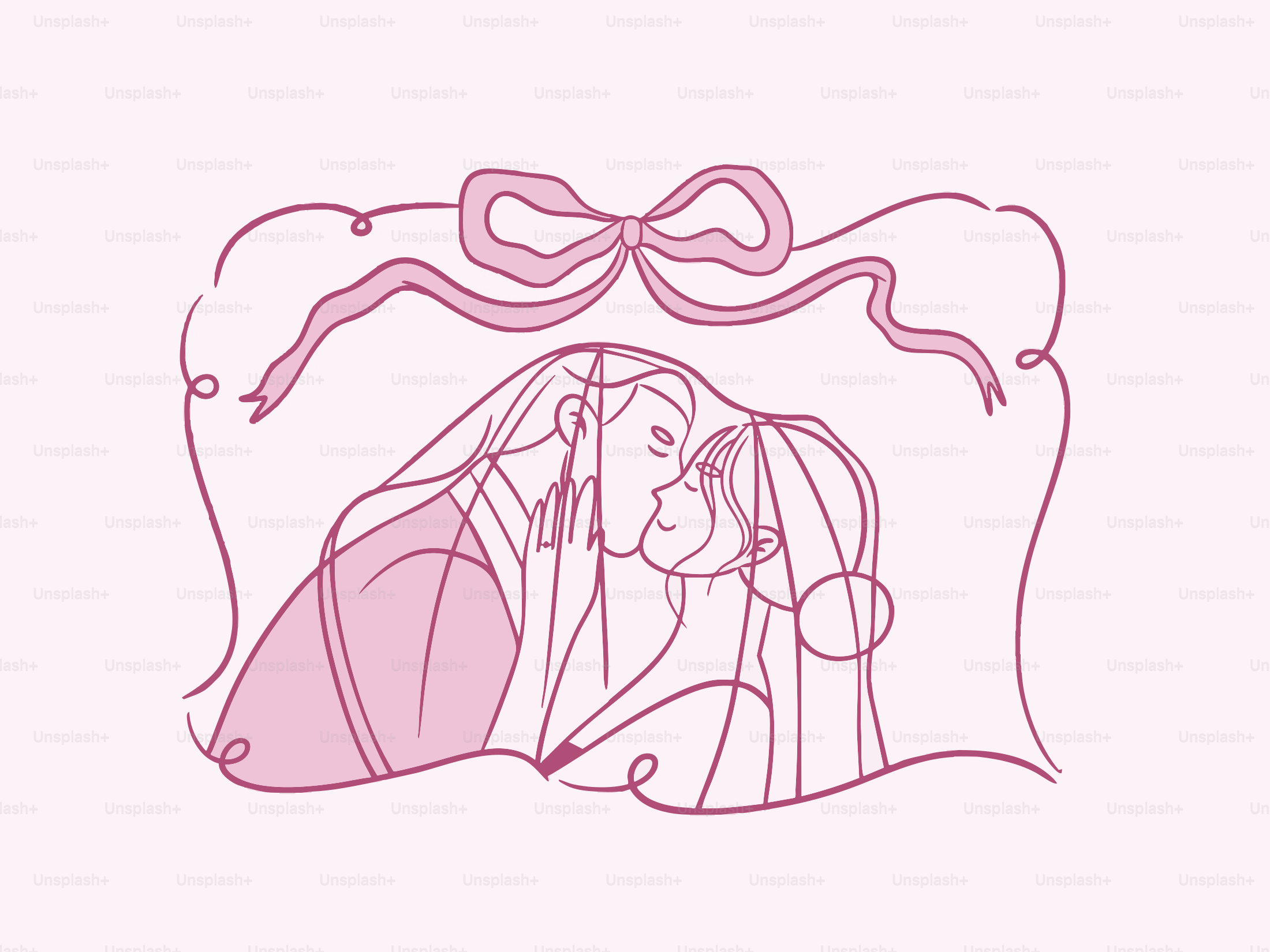 Um casal está se beijando sob um laço rosa