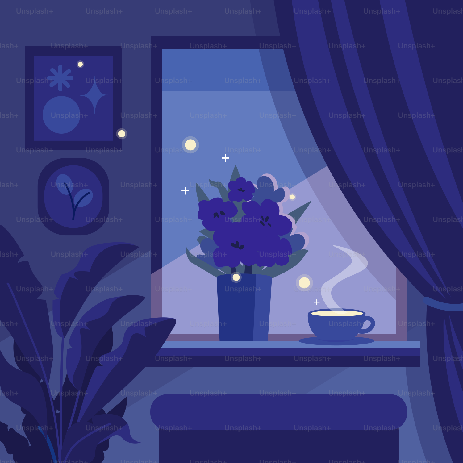 Cozy night scene with flowers and a warm drink.