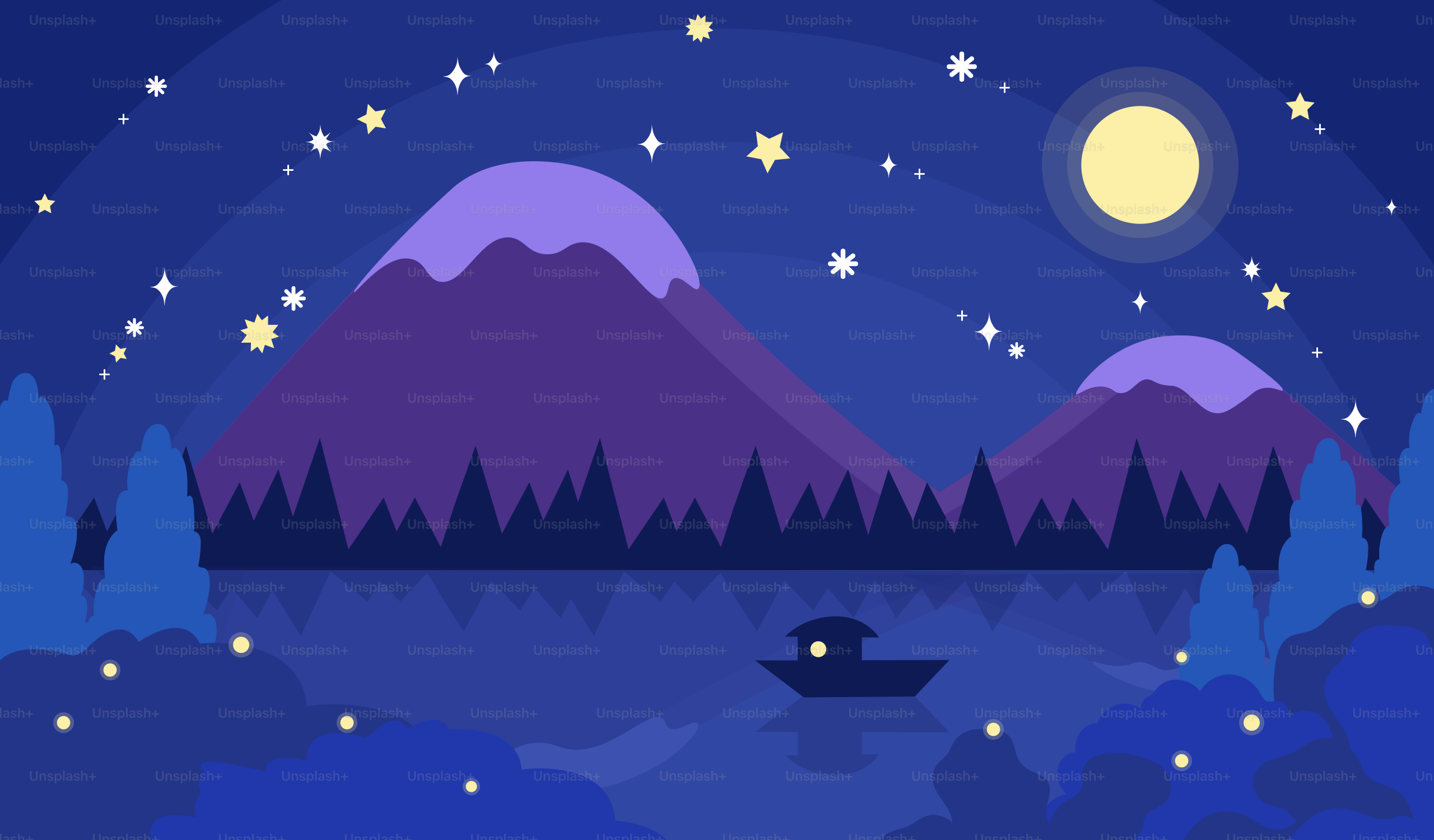 Nighttime landscape with mountains, stars, and a boat.