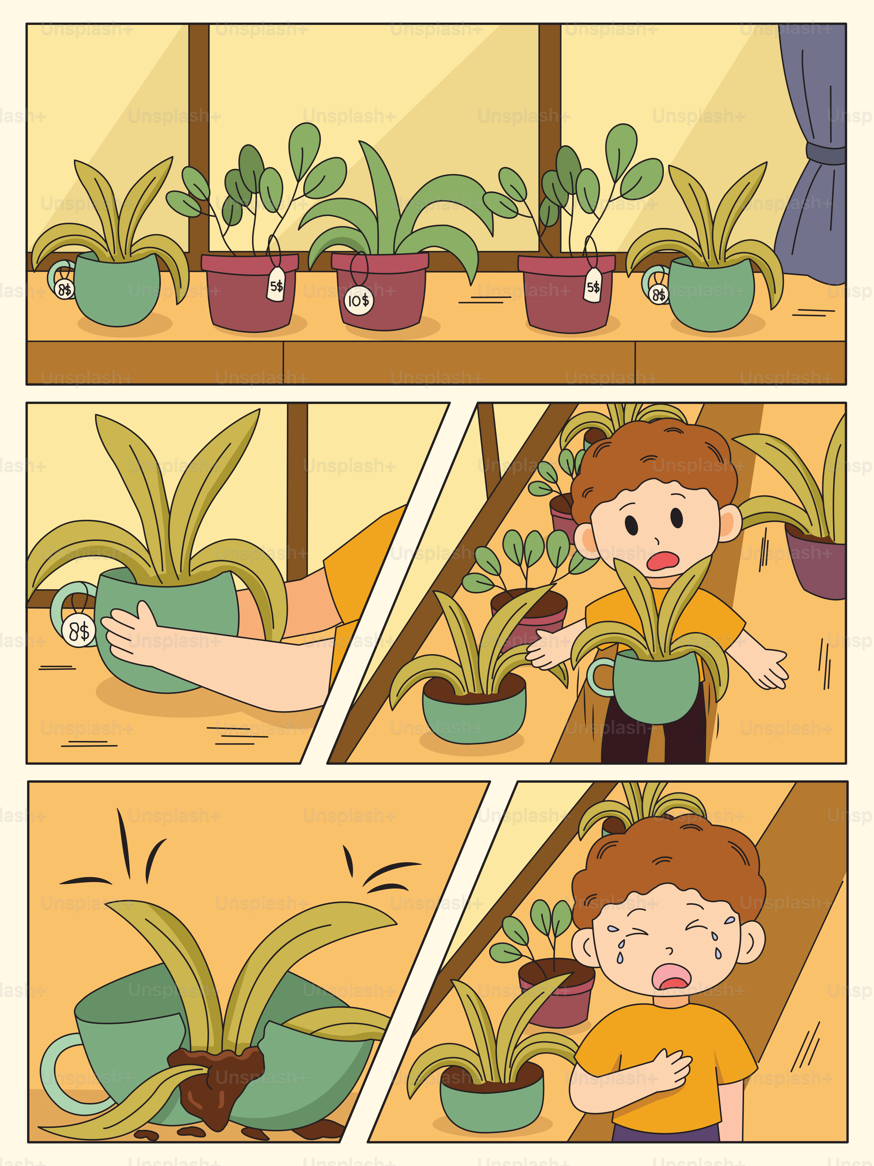 A child sadly breaks a potted plant.