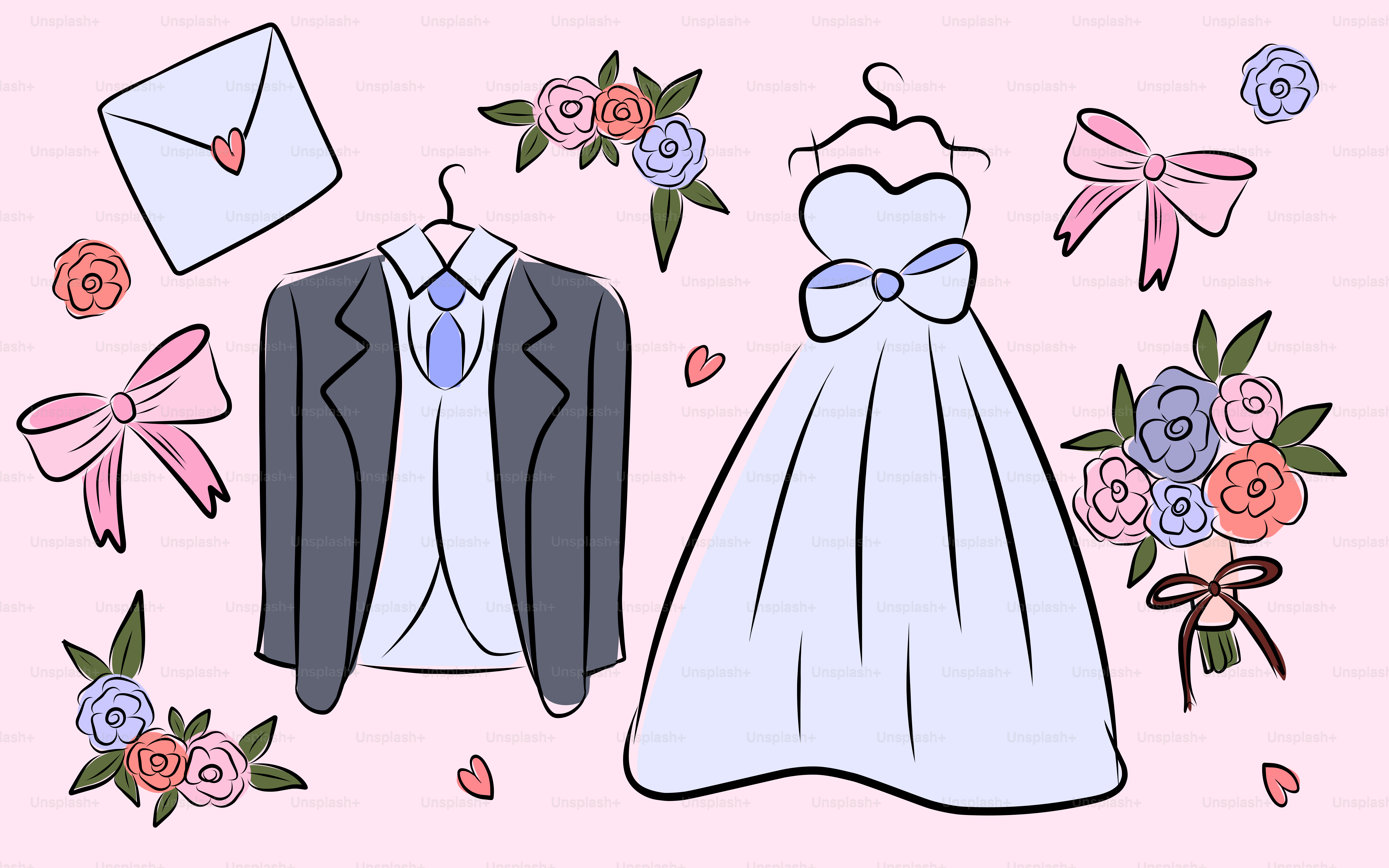 Wedding attire and decorations arranged on a pink background.