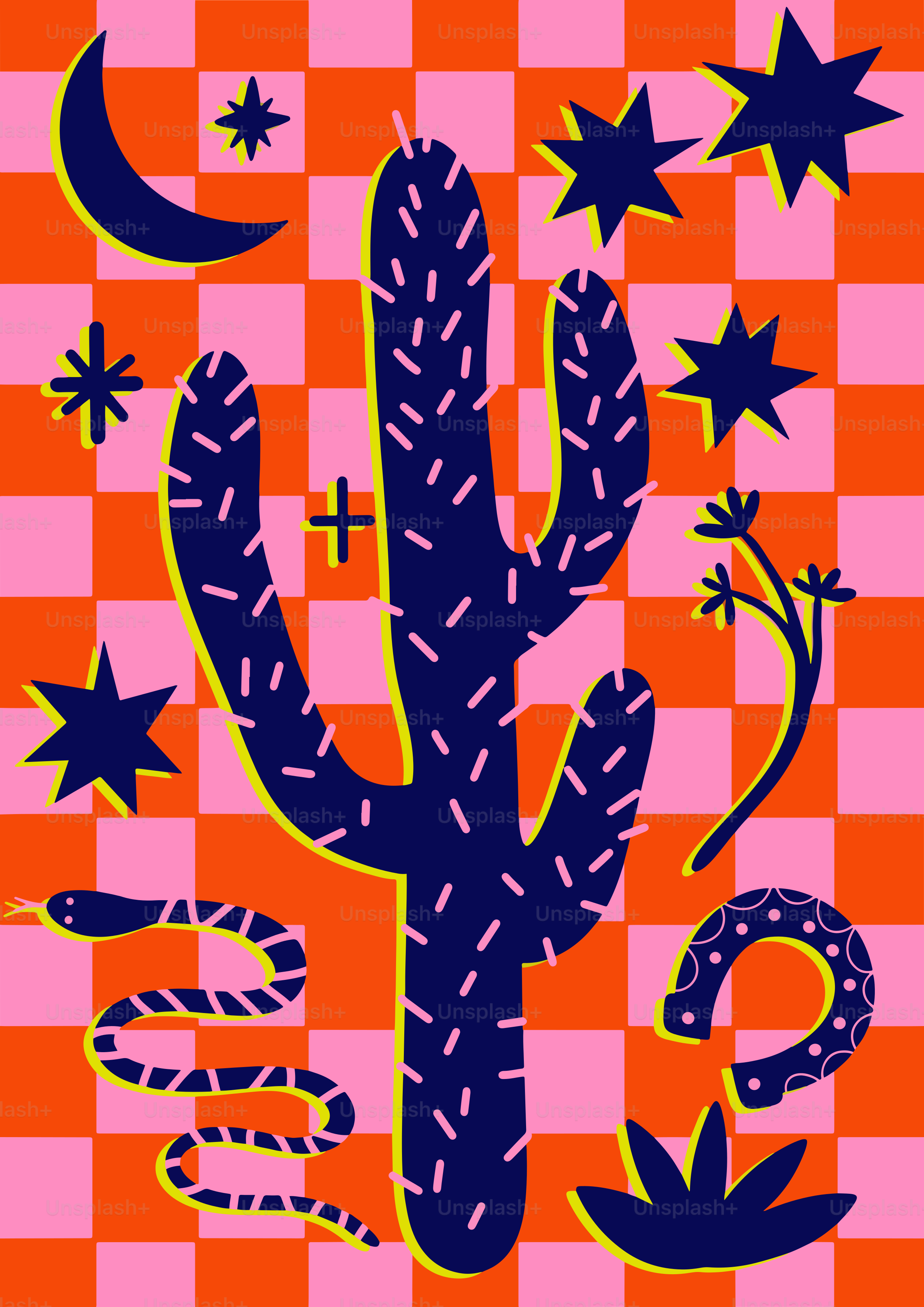 Cactus, stars, and a snake on a checkered background.
