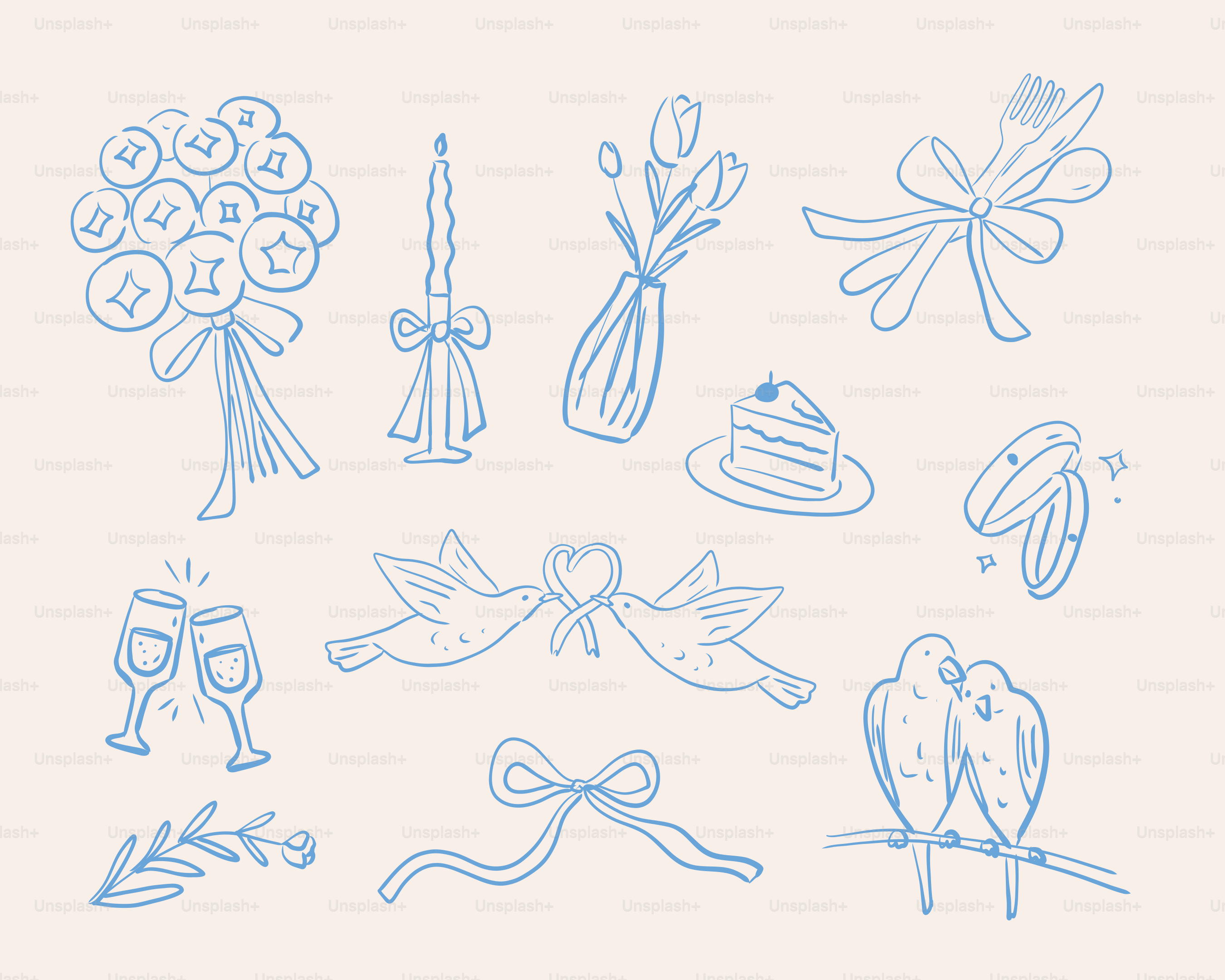 Los garabatos e ilustraciones relacionados con la boda se presentan en azul.