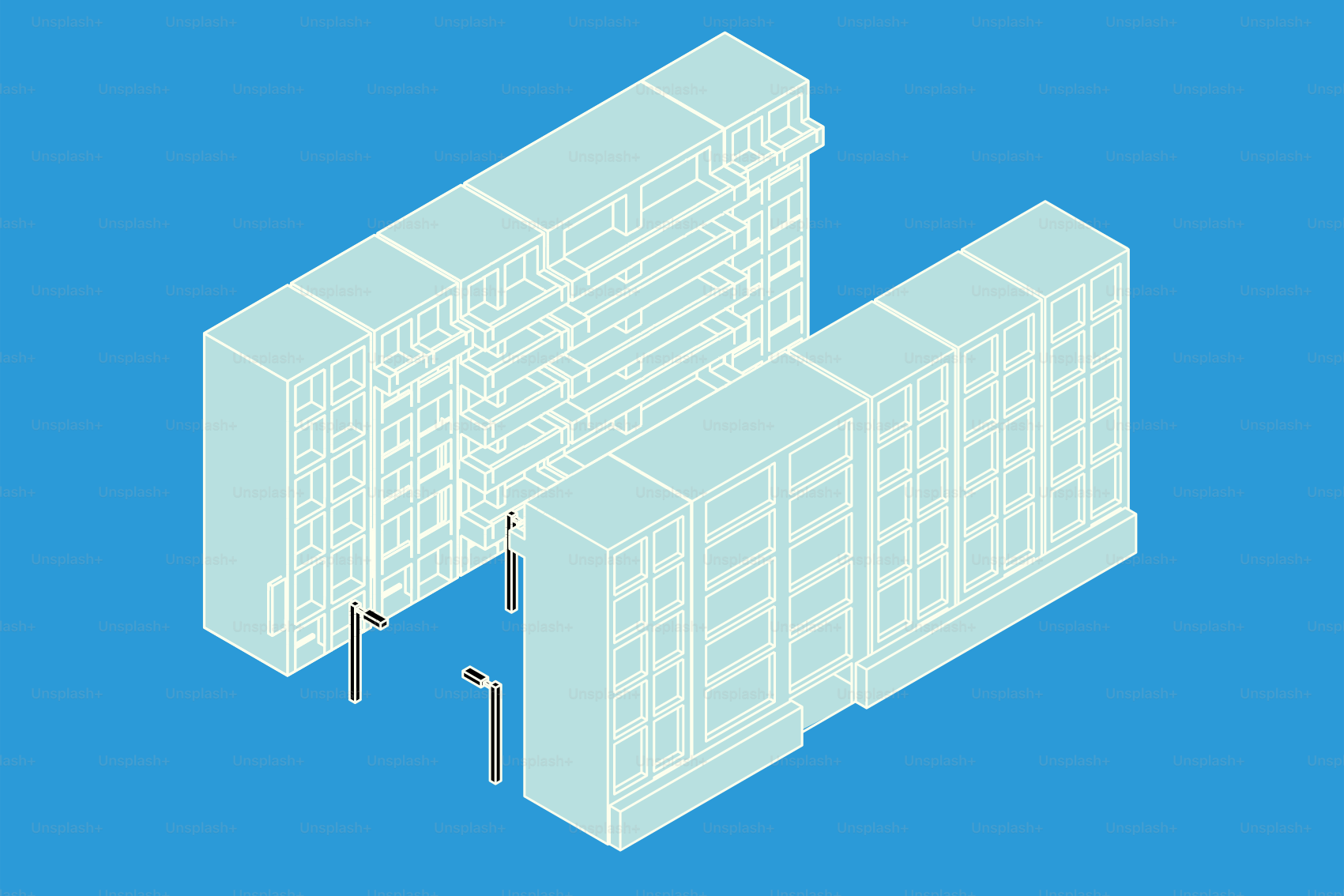 Des bâtiments en vue isométrique sur un fond bleu.