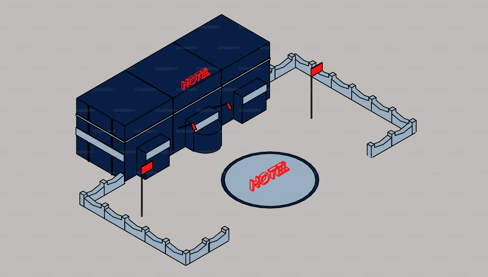 Eine isometrische Ansicht eines Gebäudes mit Fahnen und Hubschrauberlandeplatz.