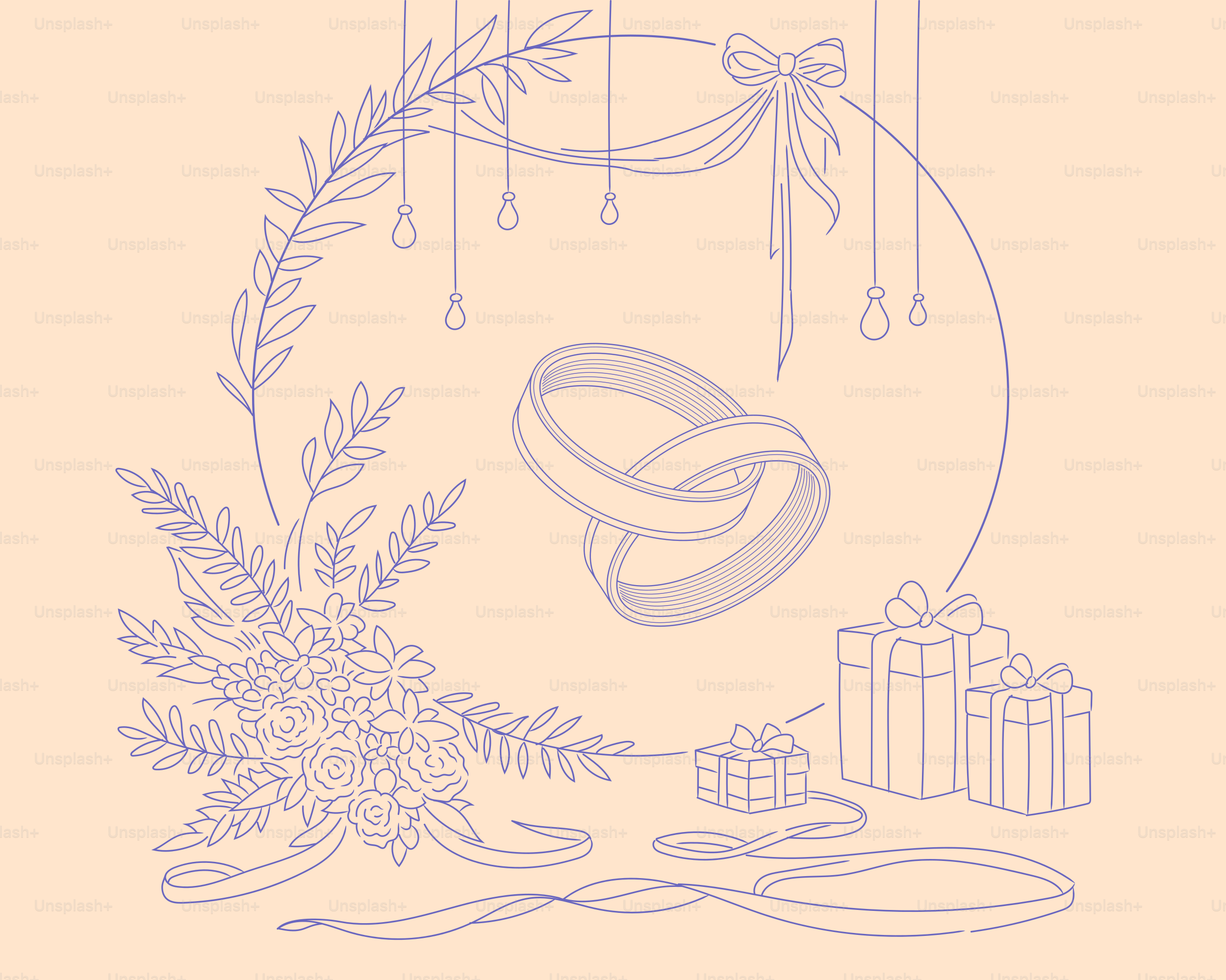 Alliances avec décorations florales et cadeaux.