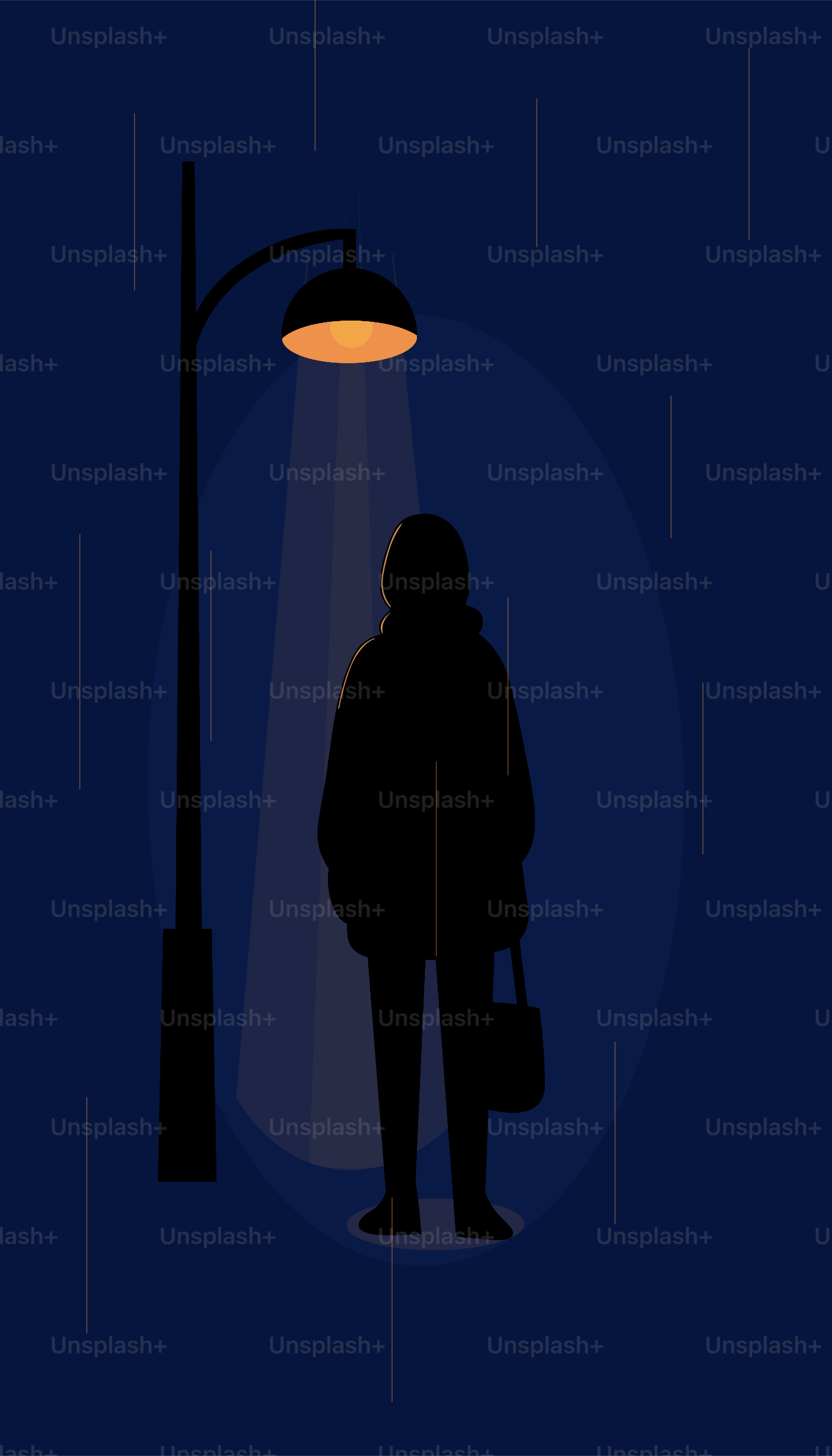 Person stands alone under a street light in the rain.