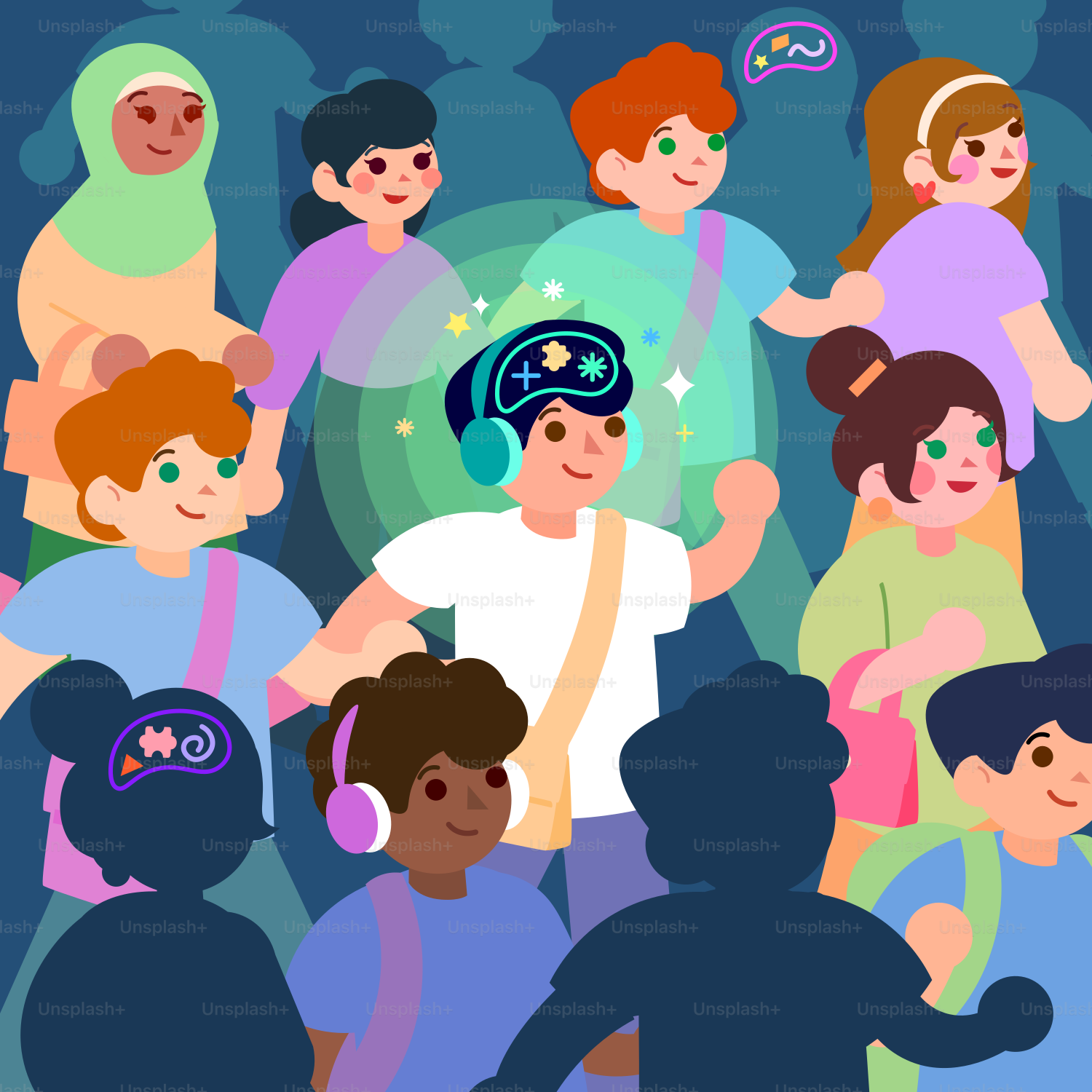 Die Menschen sind von einer zentralen Figur mit Headset umgeben