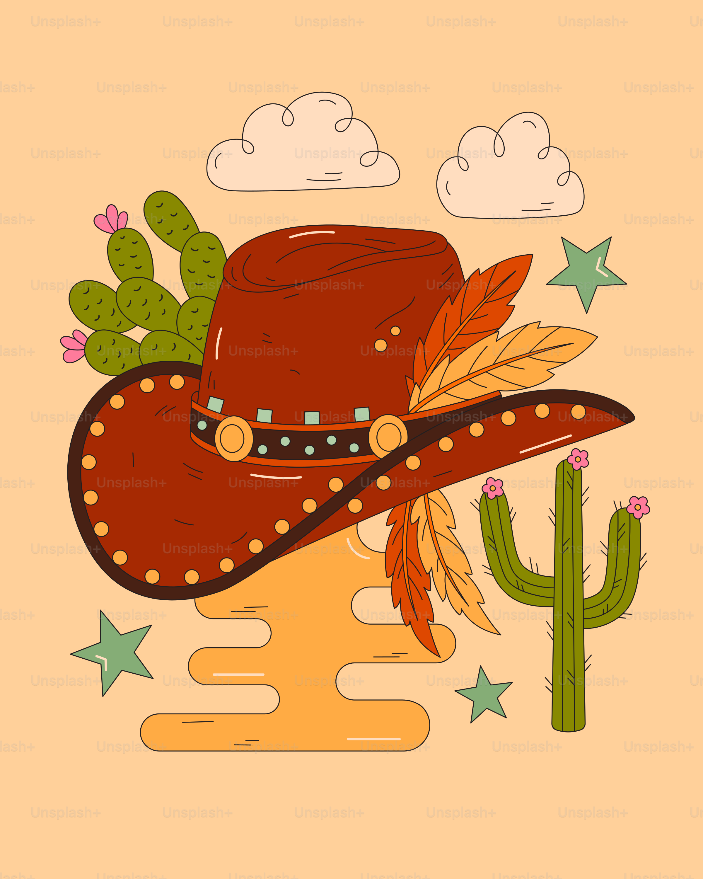 A cowboy hat with cactus and clouds.