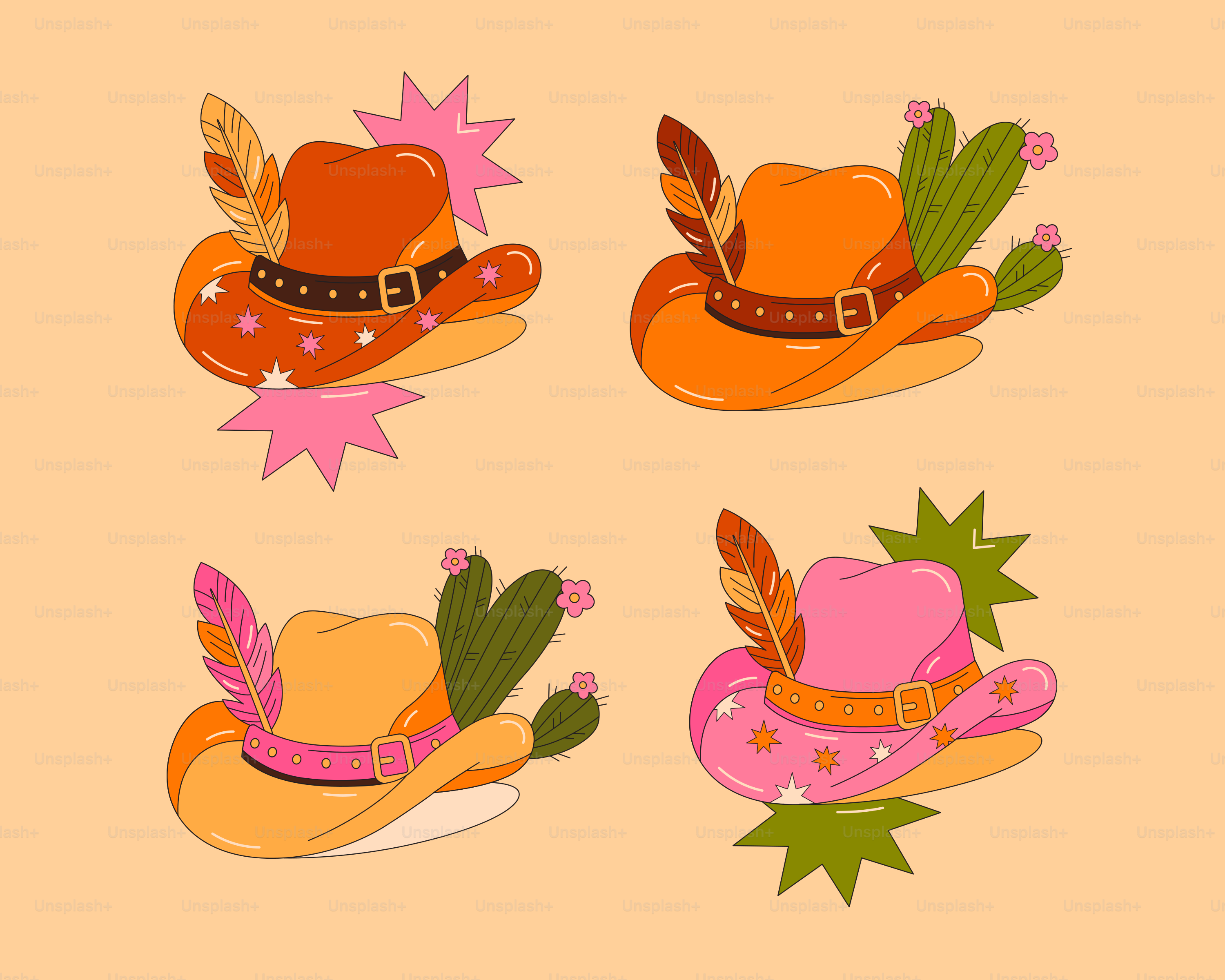 Four colorful cowboy hats with feathers and cactus.