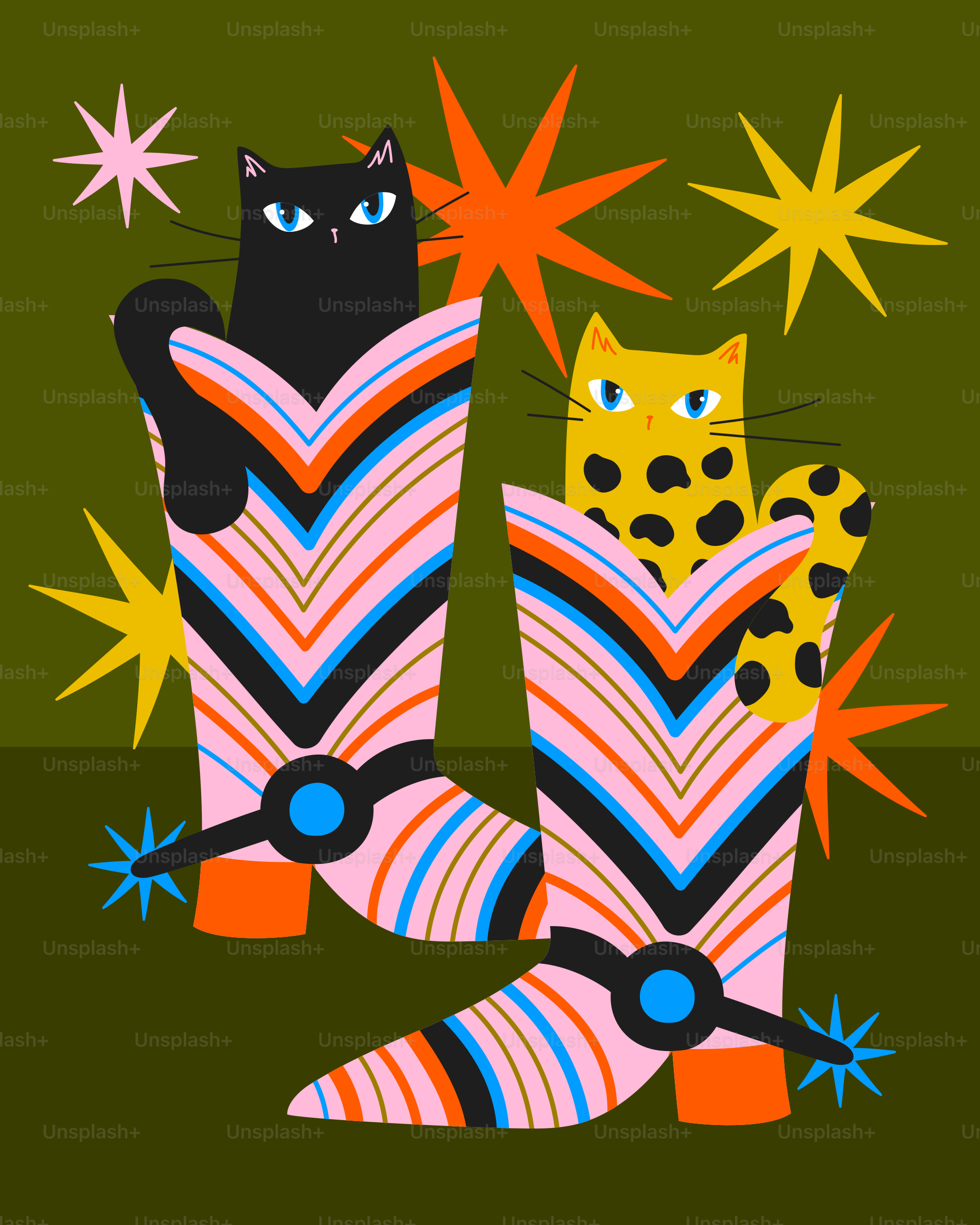 Cats peeking out of boots with spurs.