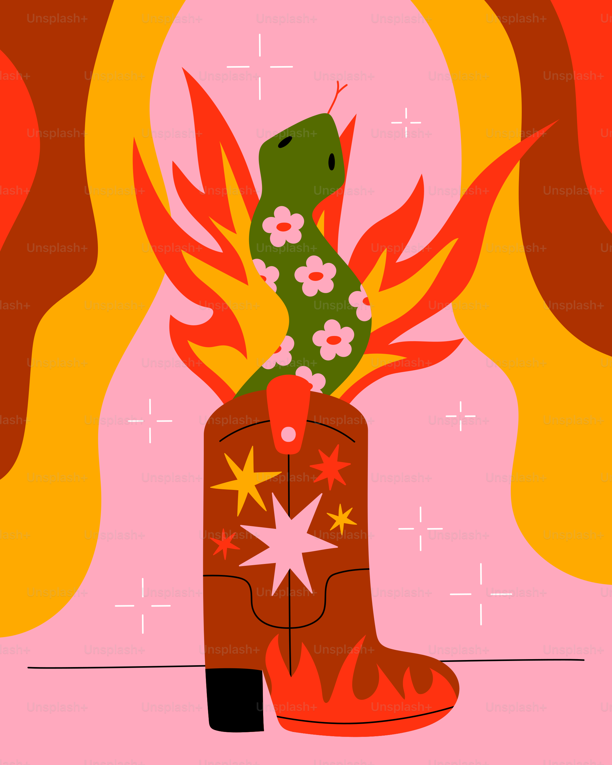 A snake rises from boots amidst flames.