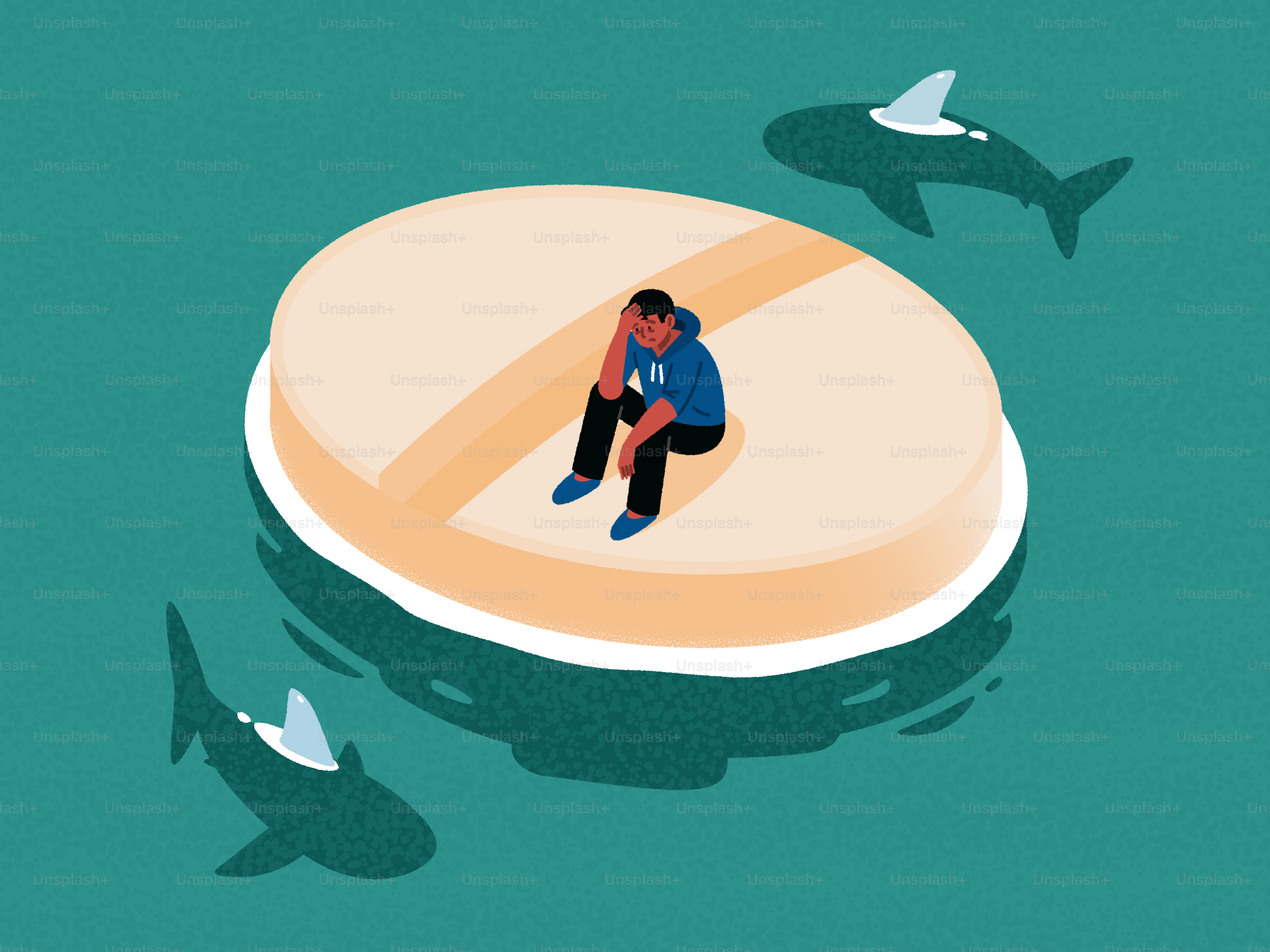 Man sits on a pill, surrounded by dangerous sharks.