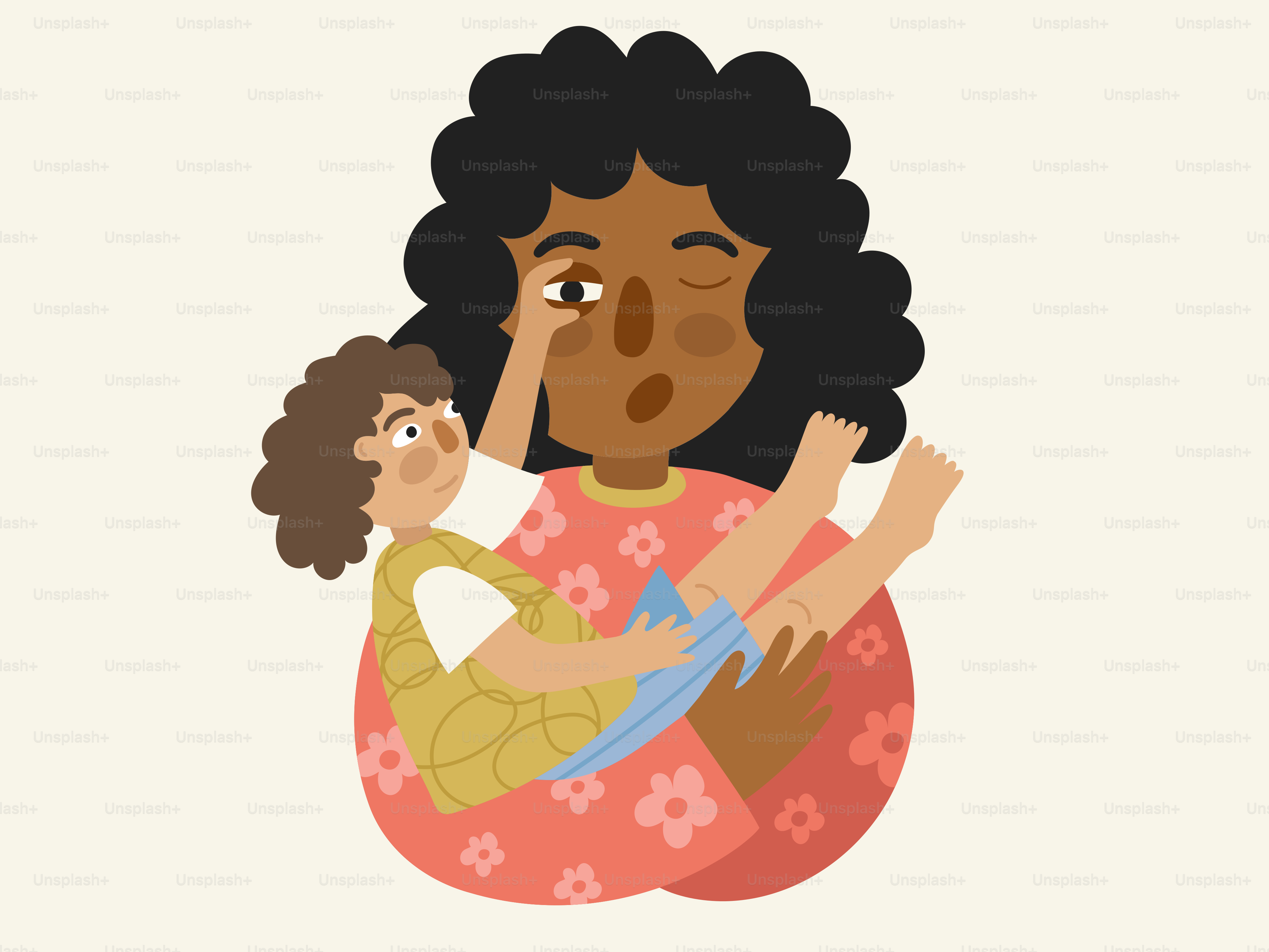 A tired mother holds her child in arms.